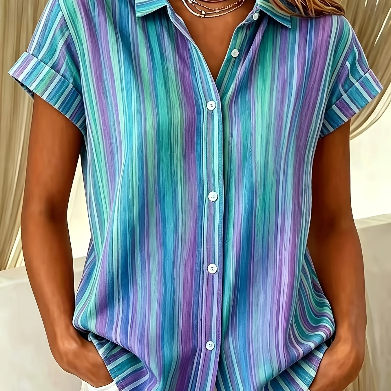 TEMU Women's Blue-purple Gradient Striped Short-sleeve Button- Shirt - Loose Fit Lapel Collar Top, Single-breasted Button Front Suitable For Casual &