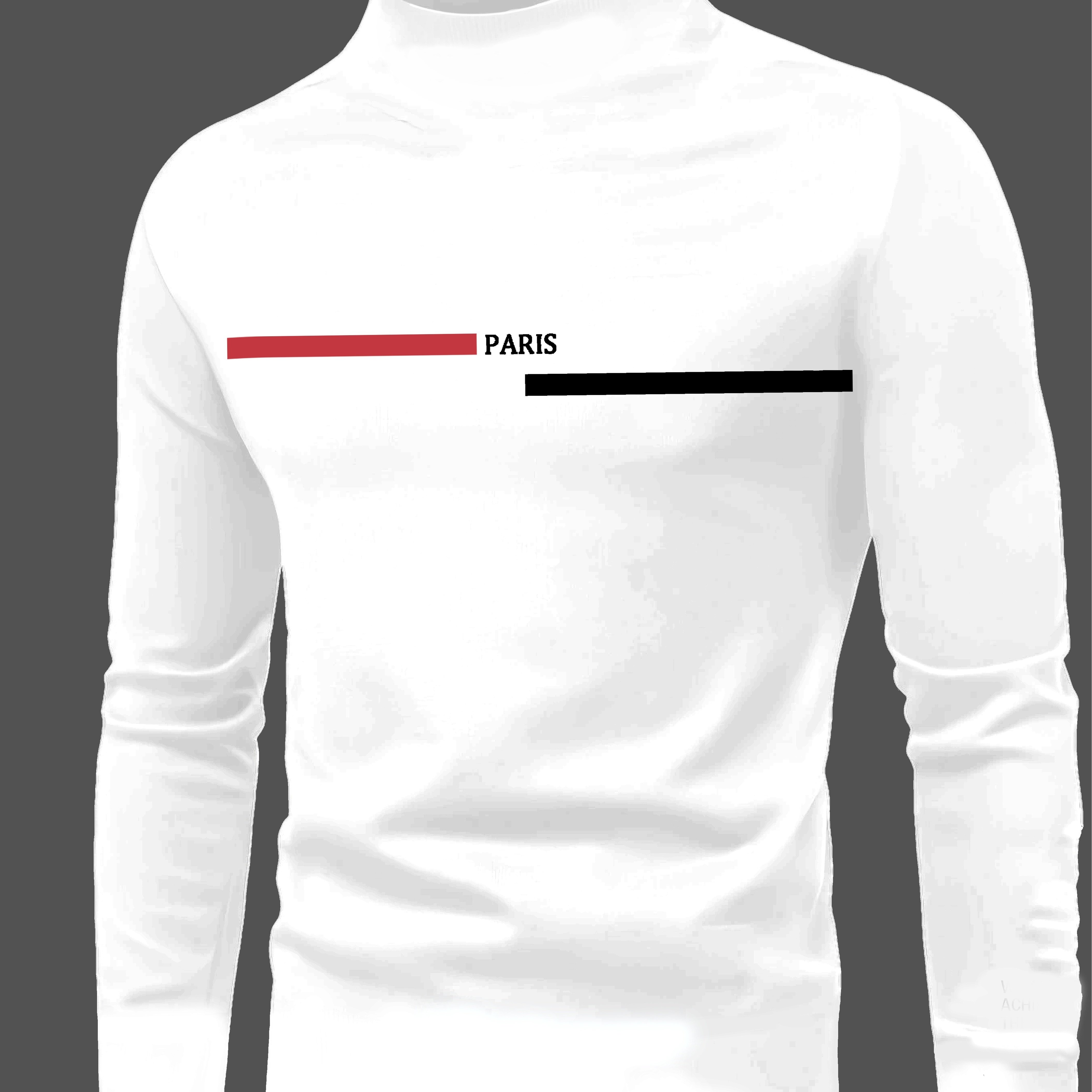 TEMU Men's Autumn Parisian-style Mid-neck Long Sleeve Base Tee With "paris" Letter Print. 100% Polyester, Machine Washable. Soft Casual Top For Daily