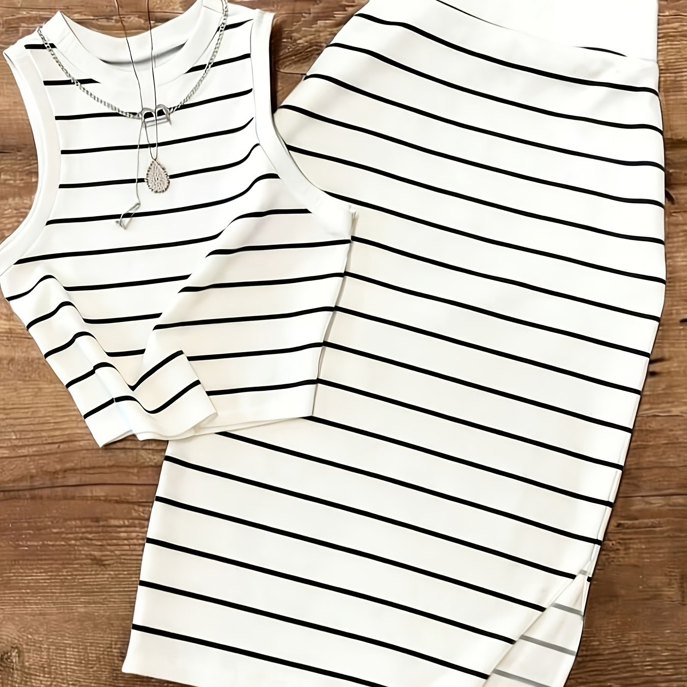 TEMU Striped Sleeveless Crew-neck Top And Slim-fit Skirt 2pcs Set, Suitable For