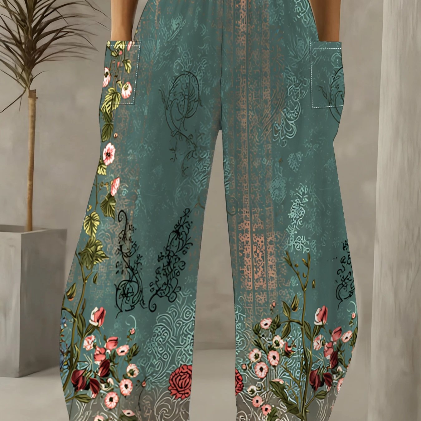 TEMU New Dark Pattern Floral Wide-leg Pants, Loose And Fit, Unique Distressed Print Design, Not Easily Duplicated And Not Monotonous, Easily Create A