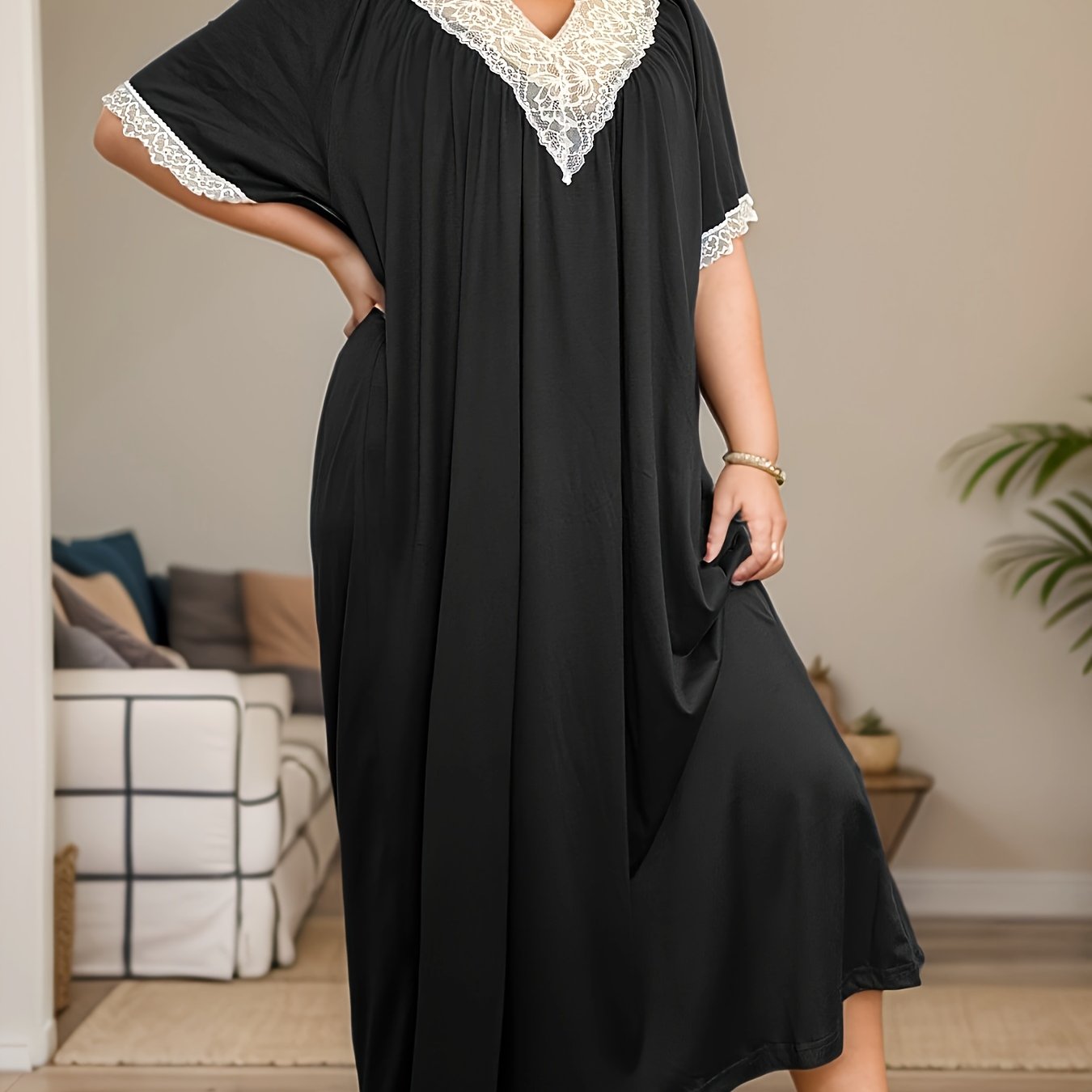 Plus Size V-neck Sexy Lace Black Comfortable Short Sleeve Midi Dress Nightgown