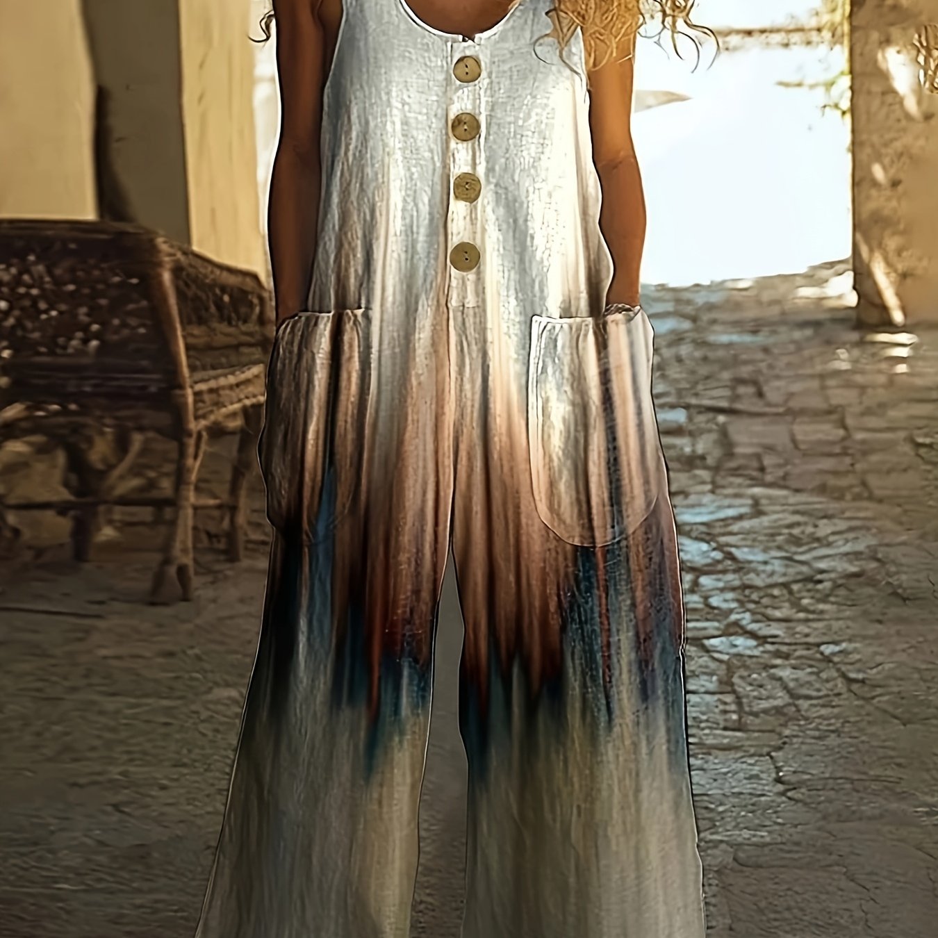 European And Elegant Casual Loose Sleeveless Vest Pocket Button Print Gradient Color Jumpsuit