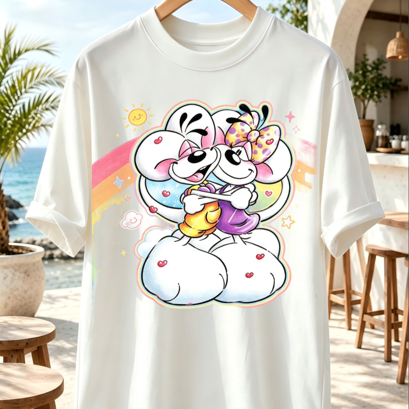 Cute Cartoon Mouse Couple Hugging Graphic T-shirt Rainbow Hearts Stars Pastel Clouds In Sweet Friendship Style Unisex All T-shirt