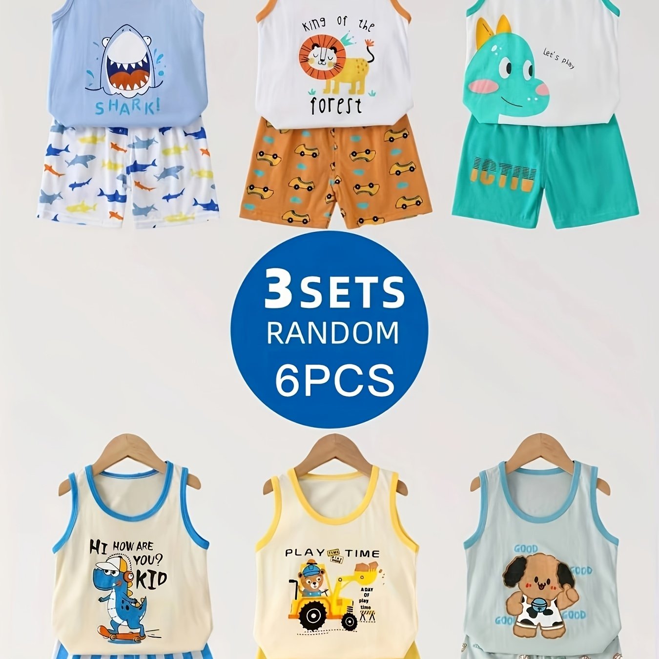Image of Random 3 Sets, 6-piece Cute Casual Tank Top And Shorts Set, Animal And Car Print, Soft, Comfortable, And Breathable Set, Perfect For Outdoor