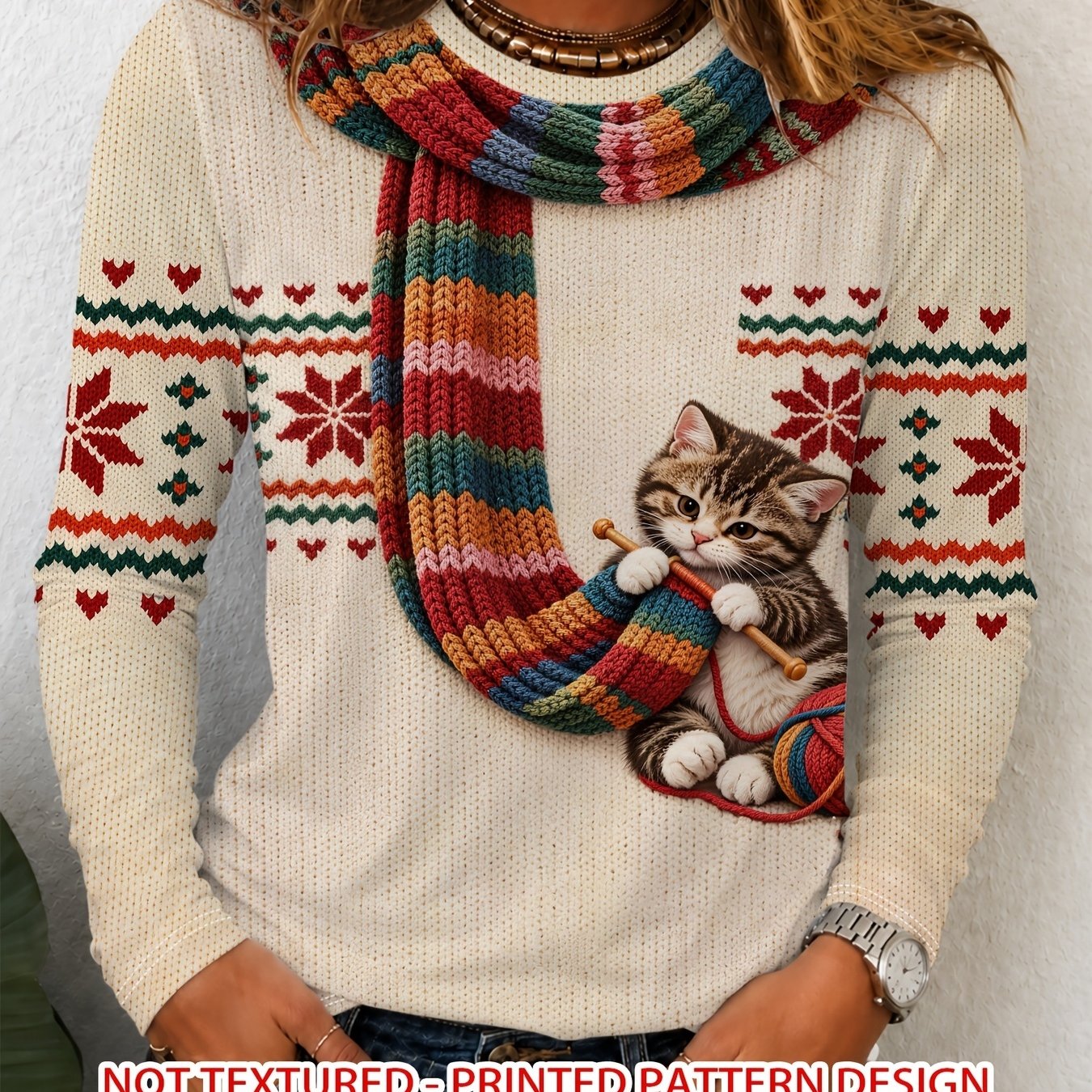TEMU - Women's Long Sleeve Round Neck Top, Cute Cat Scarf Creative Print, Retro Christmas Pattern, Loose Regular Shoulder Cut, Warm And Feel, Casual