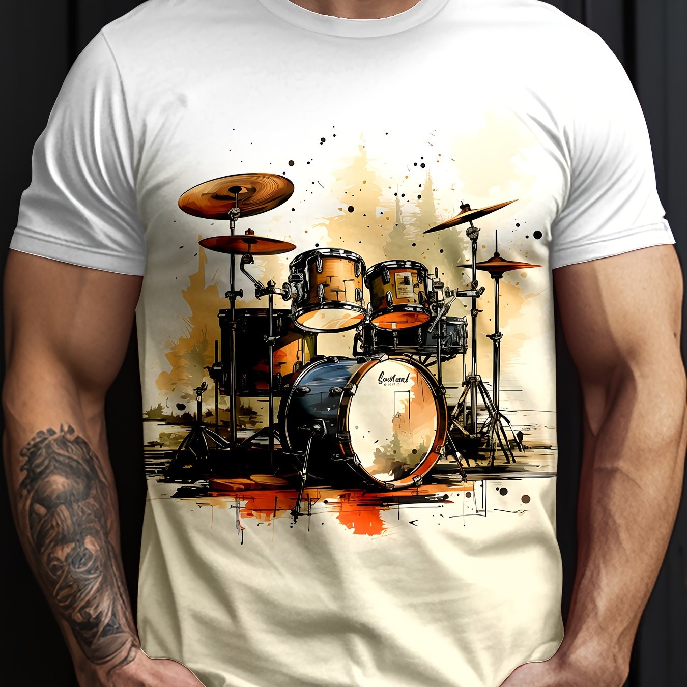 TEMU Men's Drums Print T-shirt, Casual Short Sleeve Crew Neck Tee, Men's Clothing For Outdoor