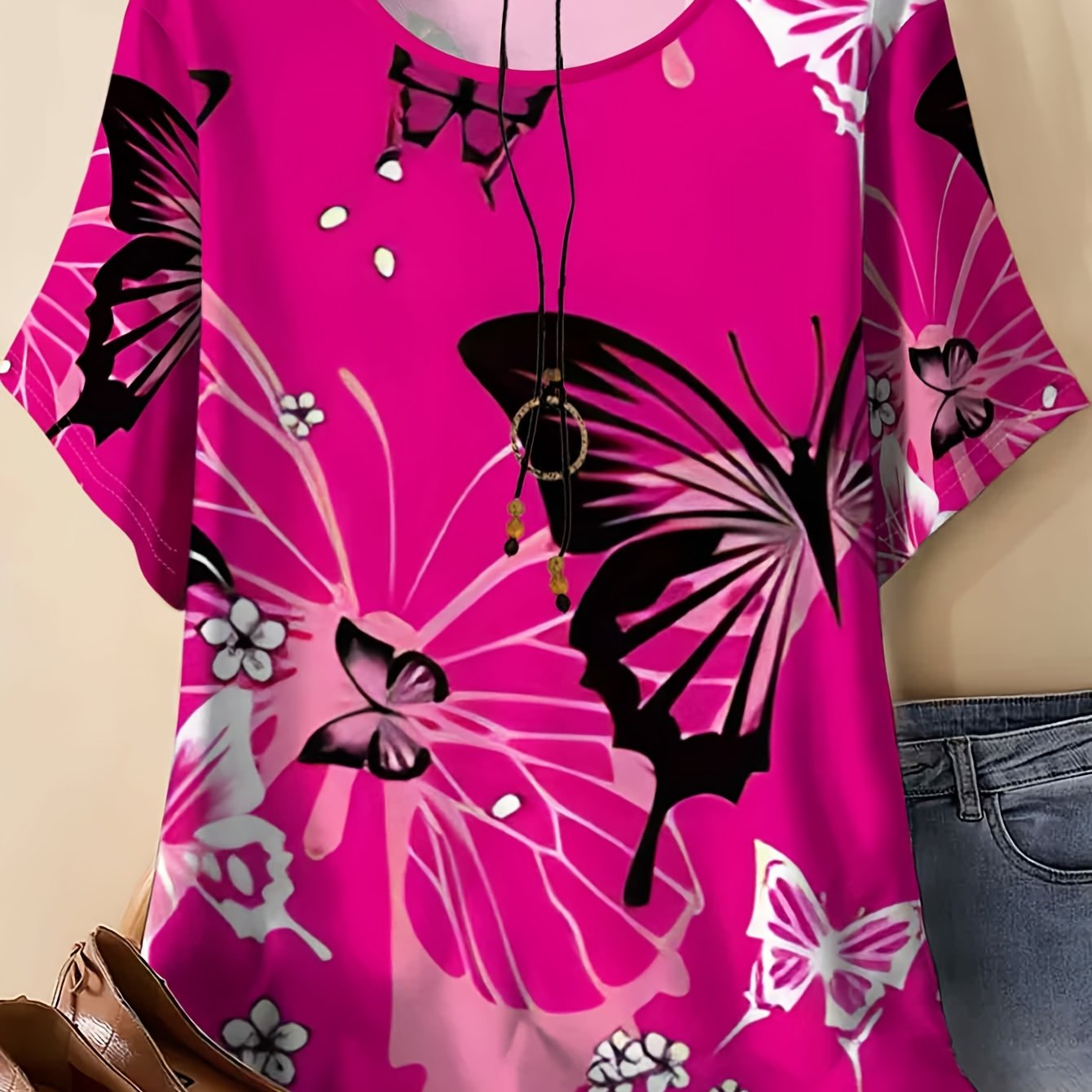 TEMU Plus Size Round Neck Women's T-shirt In Fuchsia With Print, Short Sleeves, Loose-fitting, Versatile Summer Top, Trendy New Women's Fashion