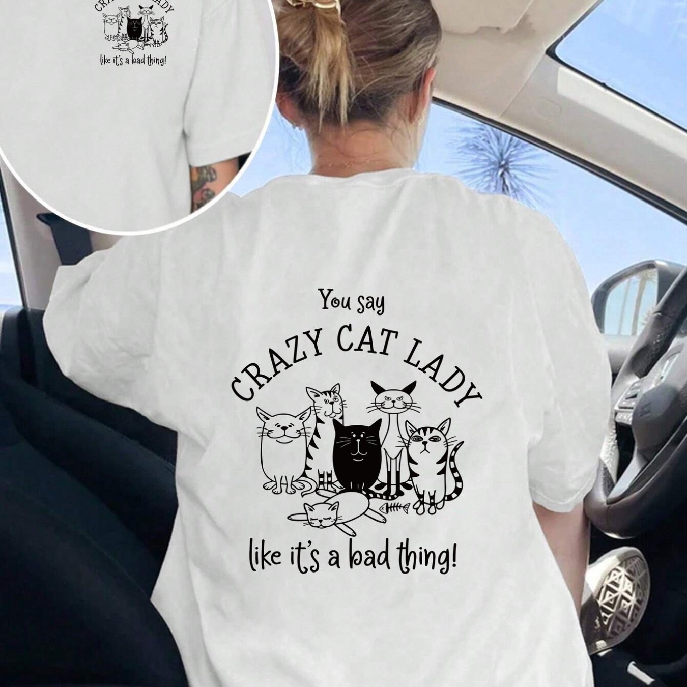 TEMU Women's Tshirts, Front And Back Display Lady, Cats Printed Tshirts, Shortsleeved Round Neck Casual Tops, Suitable For Summer And Spring, Women's