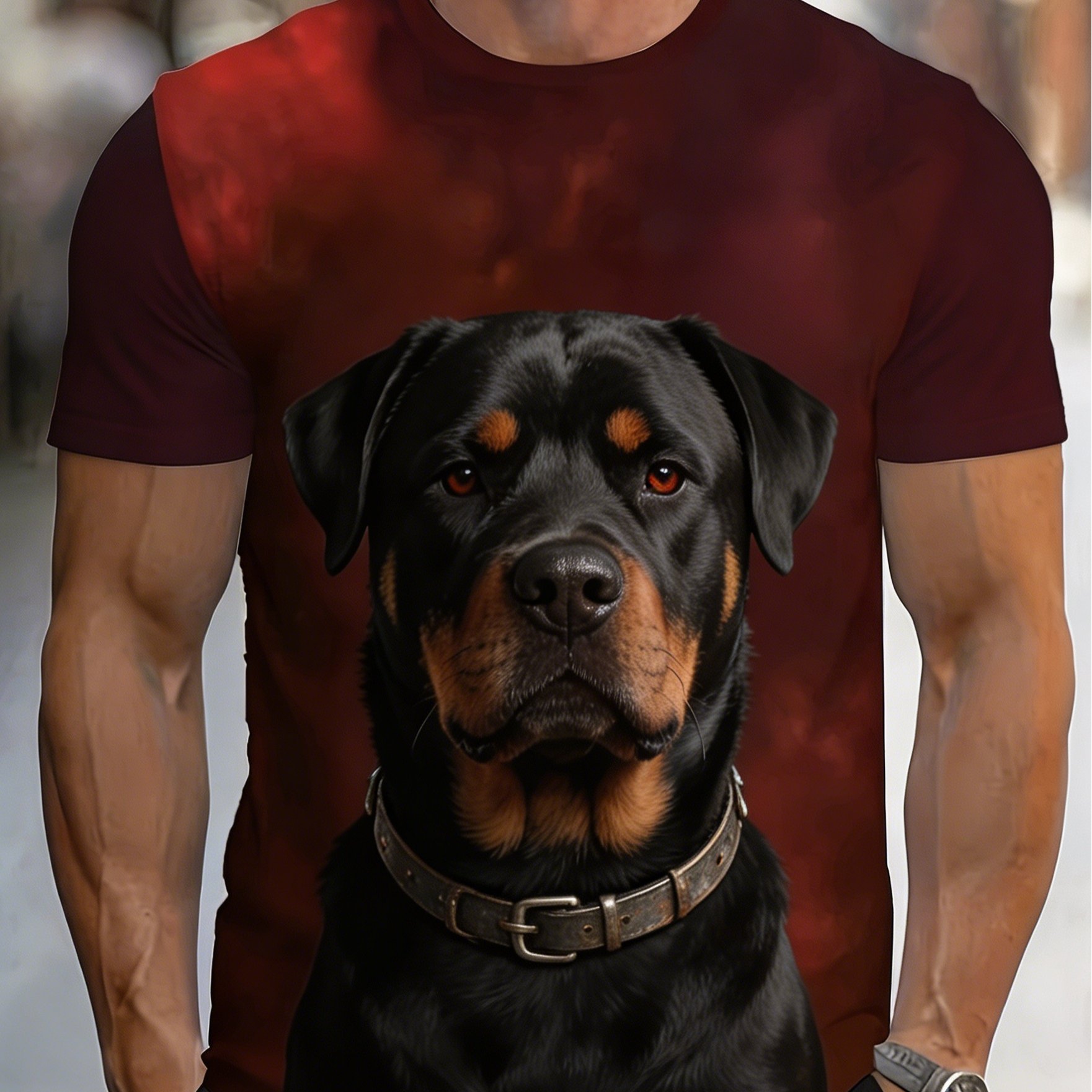 TEMU Burgundy Gradient Realistic Rottweiler Print Plus Size Men's Short Sleeve T-shirt, Extra Loose Fit, Crew Neck Casual Summer Top, Plus Size