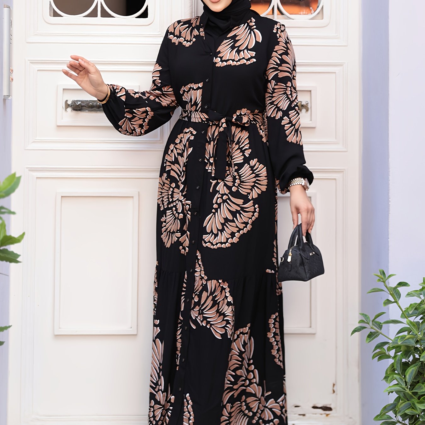 Middle Eastern New Temperament Elegant Open Front Cake Tying Printed Robe (headscarf Not Included)
