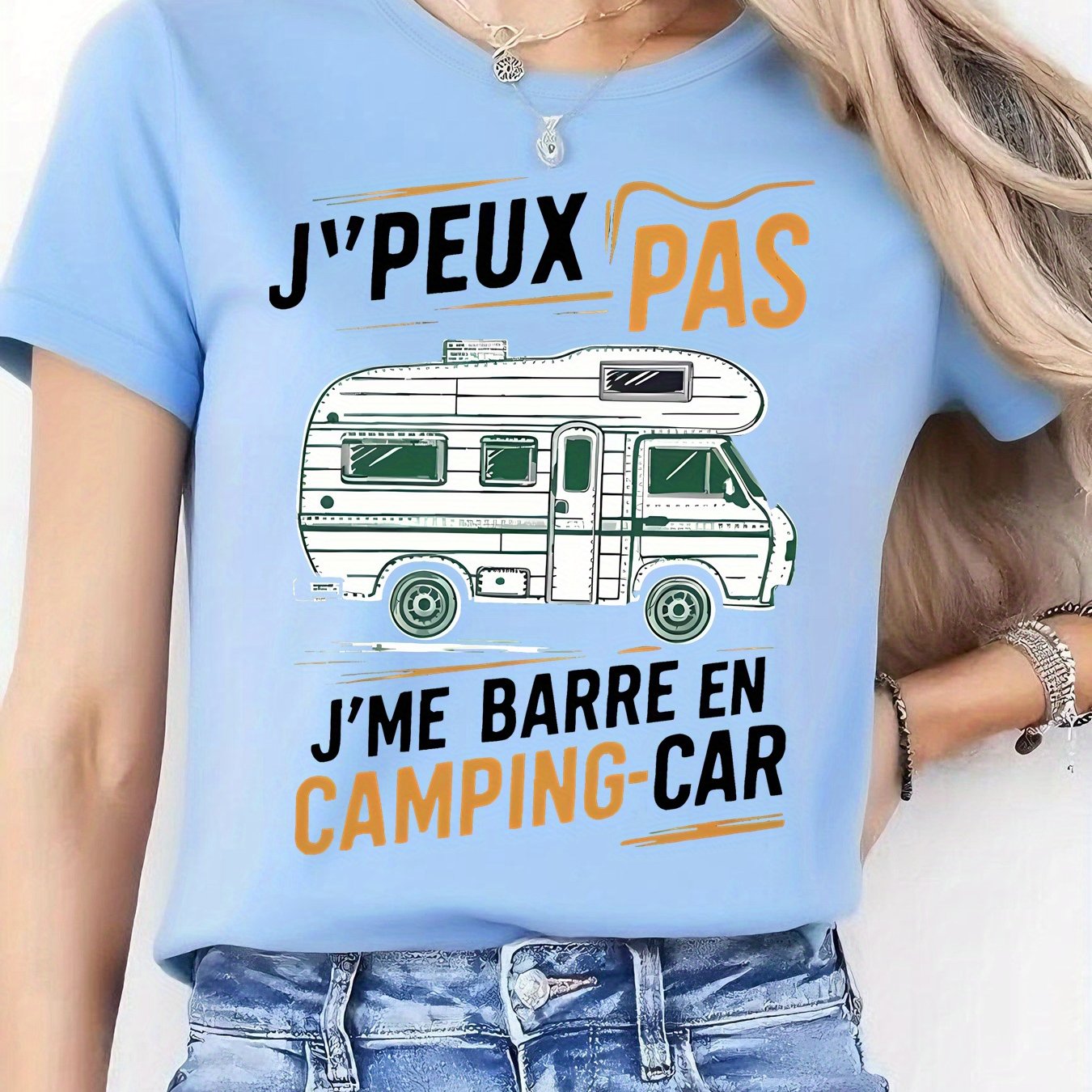 TEMU T-shirt d'été une pièce à manches courtes - Vibrant et , avec un design de camping-car de dessin en français, et un imprimé qui incarne une