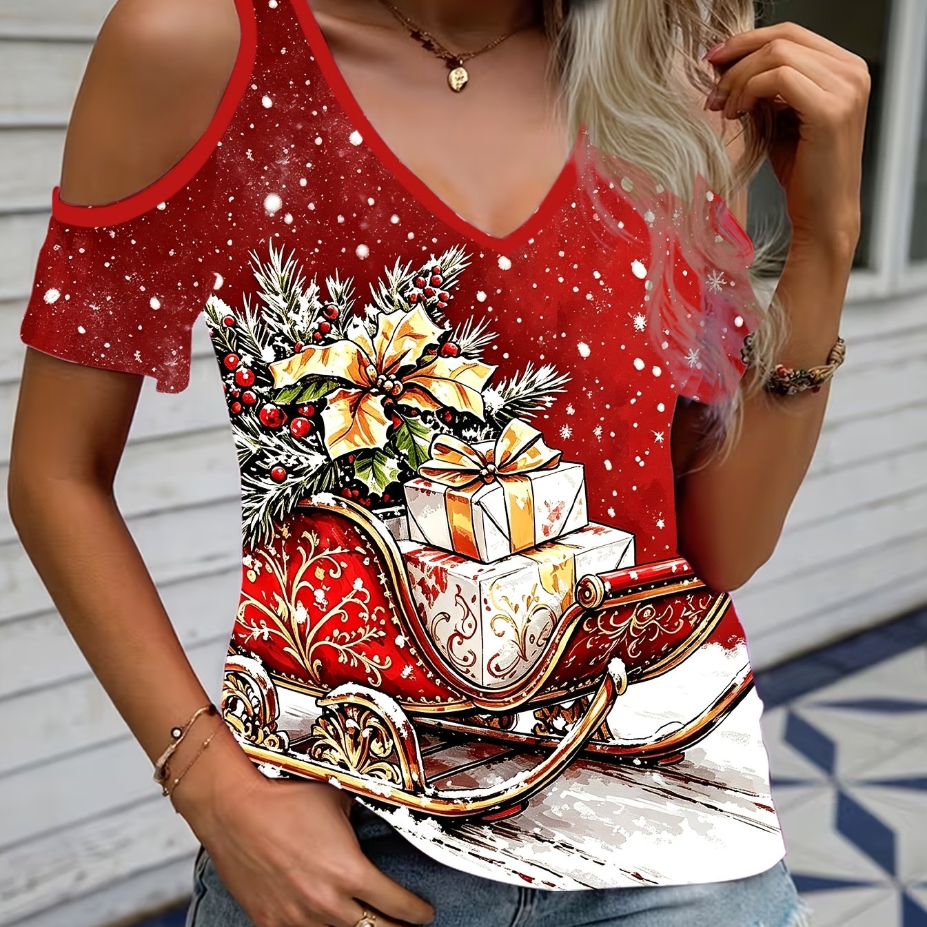 TEMU Women's Plus Size V-neck Off-shoulder Short Sleeve T-shirt - Sleigh & Gift Print Suitable For Summer, Loose Elastic Opaque Top, Machine Washable