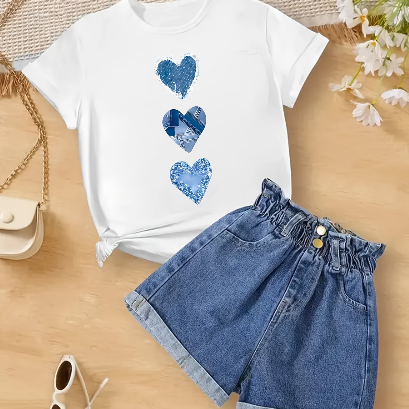 TEMU 1pc White T-shirt With Blue Heart Print, Stylish Casual Short Sleeves Summer Outfits, Pair With A Fashionable Beige Handbag And Trendy Fashion