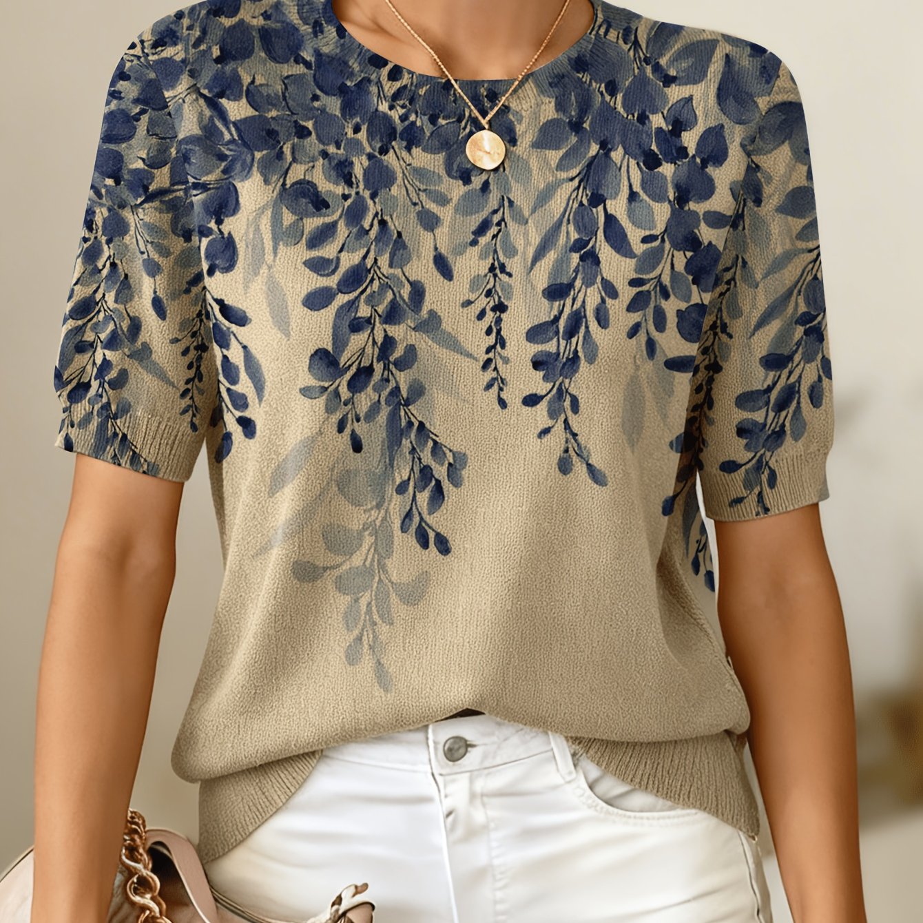 TEMU Pull pour femme à col rond et manches courtes en tissu pour /été, impression texture, coupe , tenue d'été simple pour les , haut à festive, de
