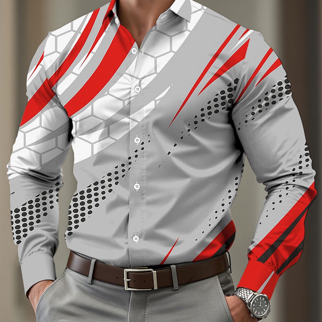 TEMU Men's Long-sleeve Print Shirt In Red, Gray, And Black With Dynamic Line Elements, Featuring A Modern Sporty Style. This Stylish Casual Button-