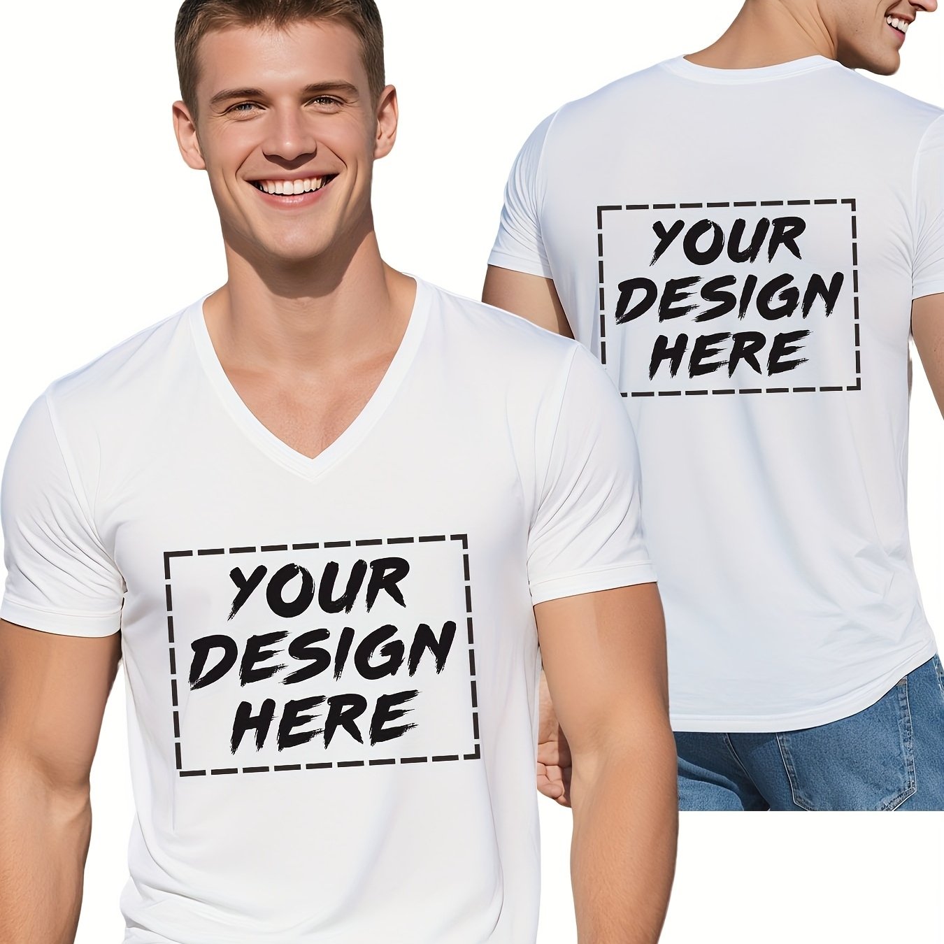 TEMU [printed Design-not Textured] [custom Item] Men's V-neck Quick-dry T-shirt, Customizable Front And Back With Custom Logo Pattern, Breathable And