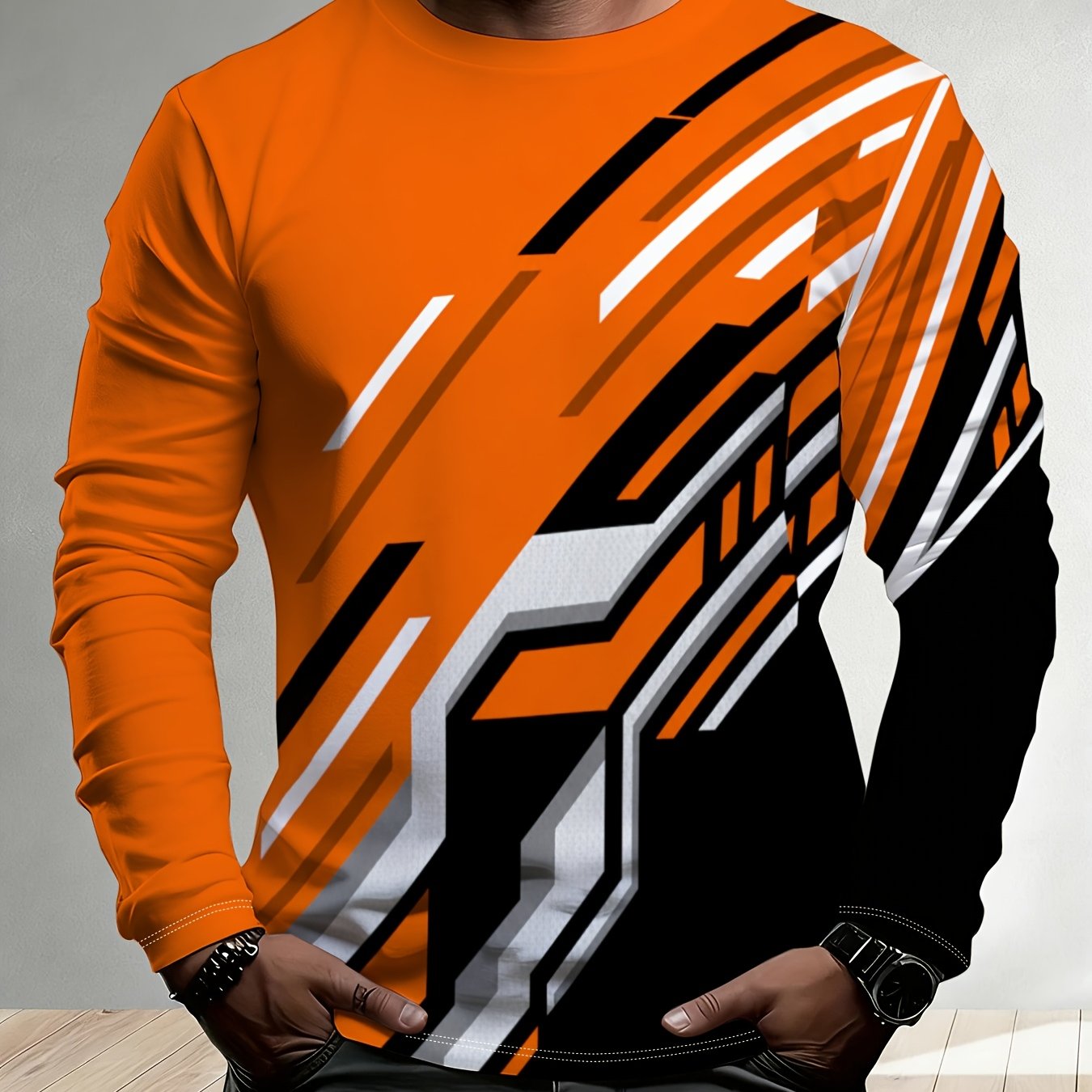 TEMU [print Design - Not Textured] Men's Plus Size Casual Athletic Long Sleeve T-shirt, Geometric Pattern Striped Print Round Neck Long Sleeve Tee,