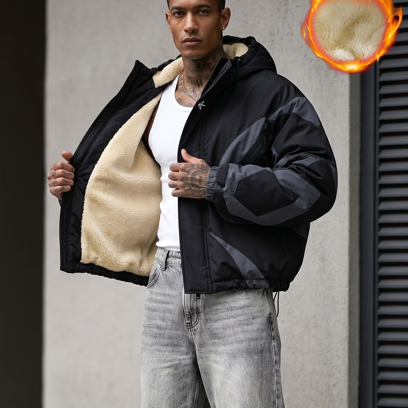 TEMU Men's -lined Hooded Jacket, Stylish Warm Hoodie, Comfortable Loose-fit Drawstring Hooded Outerwear, Autumn/winter Men's Clothing, Men's Casual