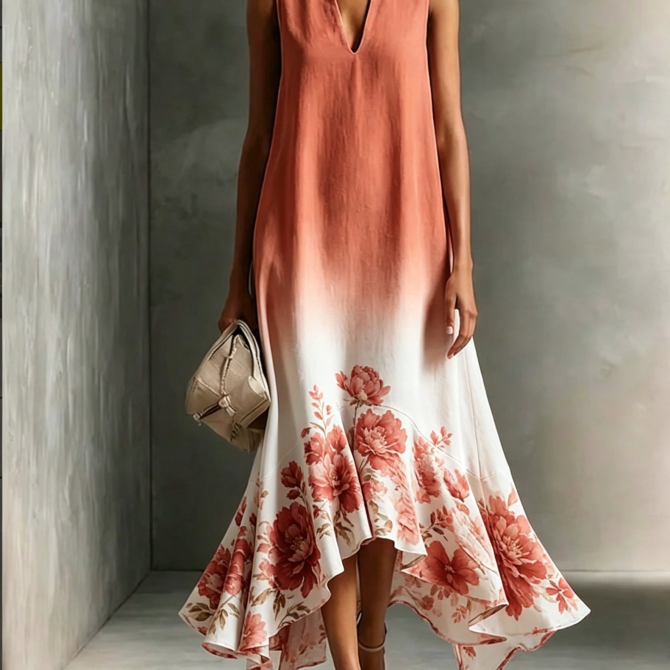 Summer Fashion Floral Women's Dress, Sleeveless V-neck Dress, Irregular Oversized Dress, Vacation Dress, Formal Dress, Party, Wedding Women's Dress