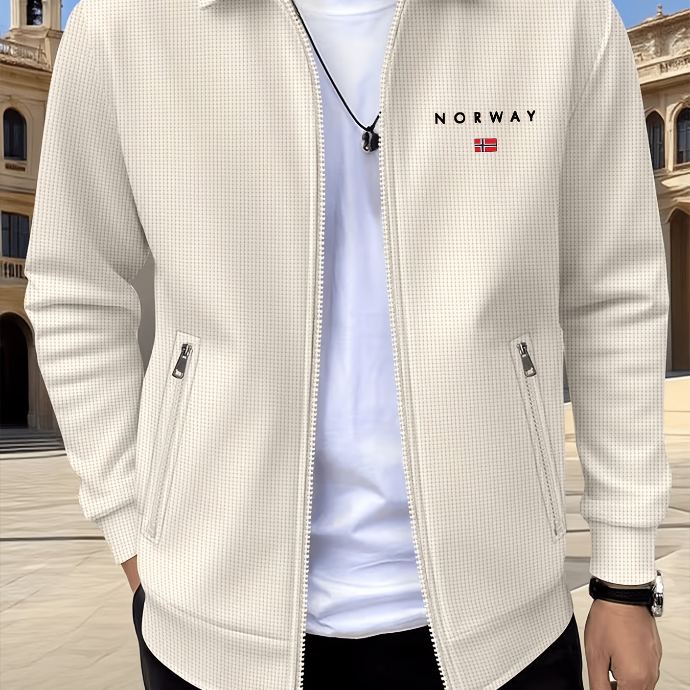 TEMU Obm Spring/autumn ' Color Lapel Waffle Knit Outdoor Sports Comfortable Breathable Men's Long Sleeve Zipper Jacket, Smart Casual Layering