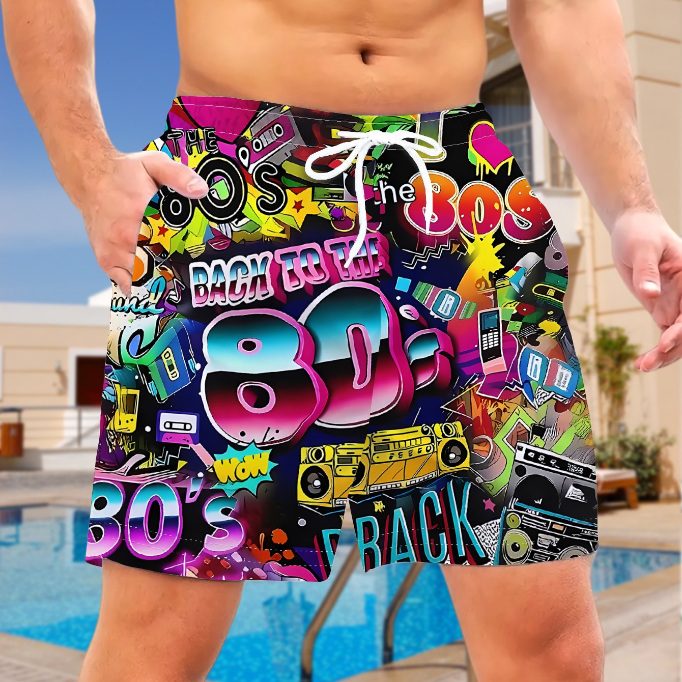 TEMU 's Casual Shorts, Full Of 80s Elements Vibrant Retro Graffiti, Festive Gathering All-match Polyester Machine Washable Beach Shorts