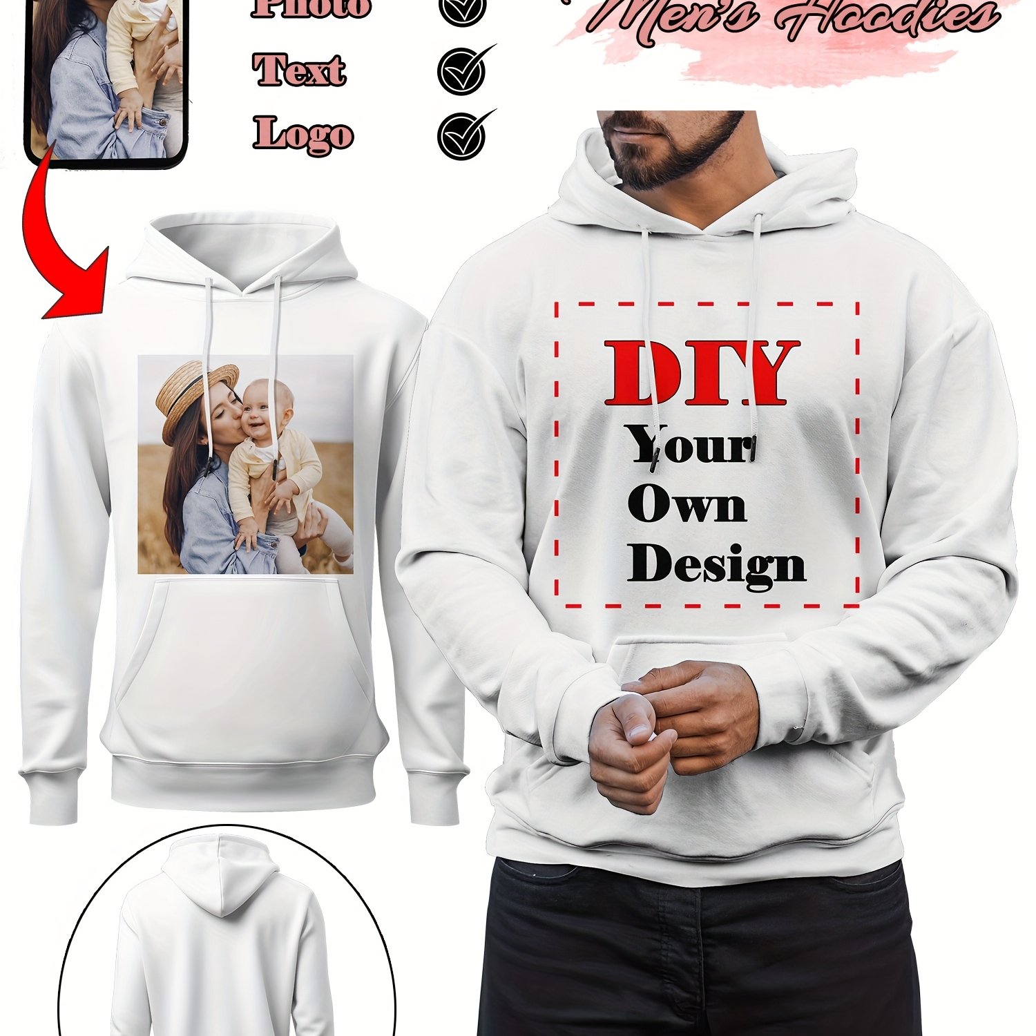 TEMU Personalized Hoodie For Men Featuring A Kangaroo, In Designs, Including Photos, Text, And Logos, In Plus Sizes Up To 7xl