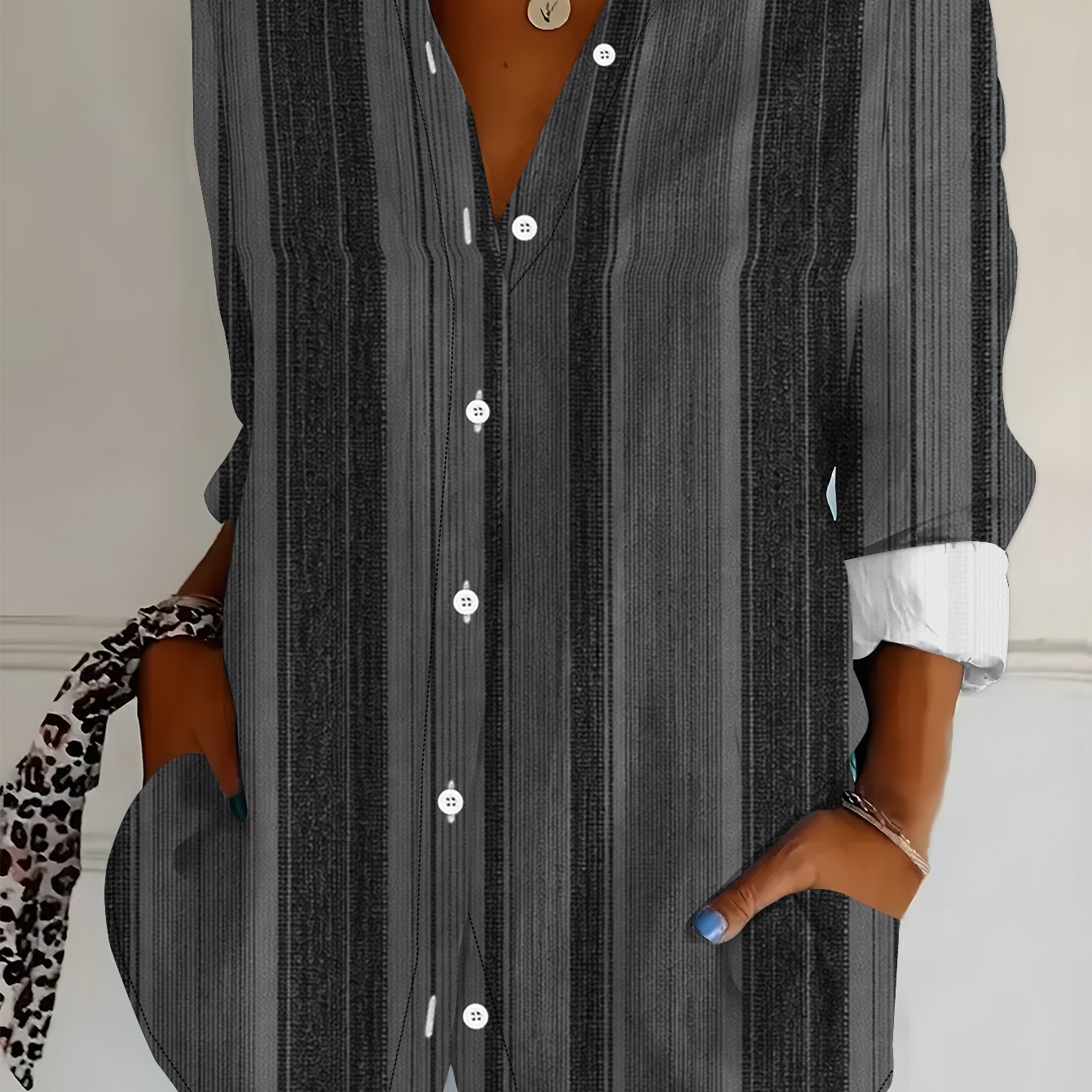 TEMU Plus Size Women's Long Sleeve Shirt, Vertical Stripe Loose Printed Shirt, Striped Element Mid-length Women's Long Sleeve Collared Shirt, Black