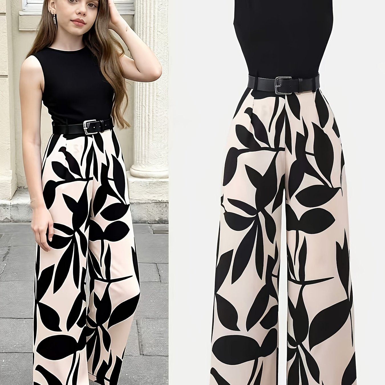 Image of Summer Girls' Sleeveless Top With Print, High-waisted Wide-leg Pants, Waist-cinching Jumpsuit With Belt For Daily Casual Wear, Perfect For Outdoor, Autumn Essentials