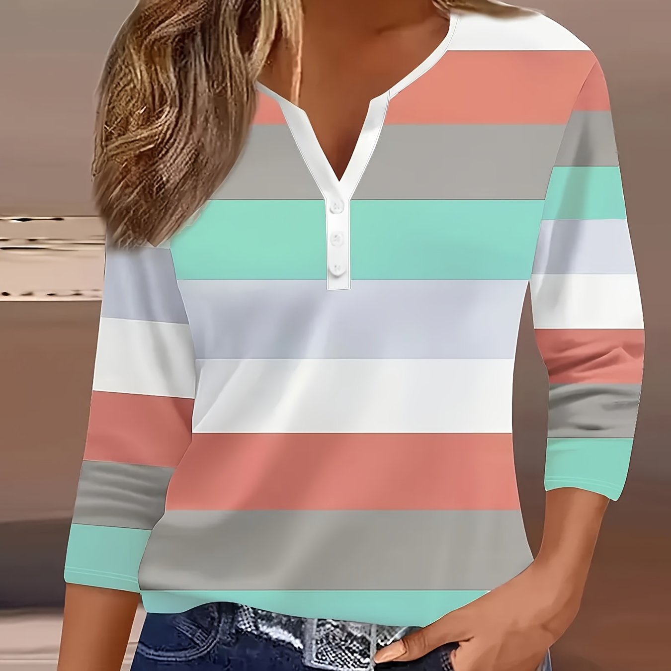 E-shop Damenmode Frühling Sommer Neue Damenbekleidung, Gestreiftes V-Ausschnitt Dreiviertelärmel, Lockerer Casual Top Basis T-Shirt, Täglicher Pendel-