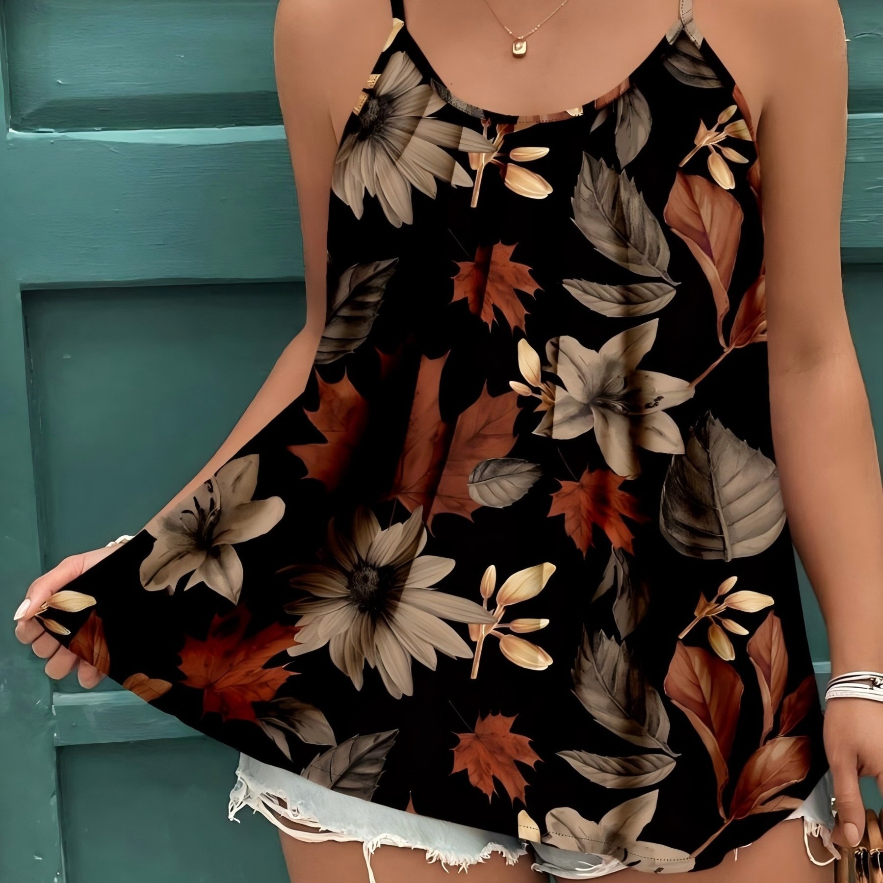 TEMU Plus Size, Casual Simple Elegant Leaf Print Plus-size Camisole, Suitable For Women's Summer Wear, Summer Women's Clothing, Vintage