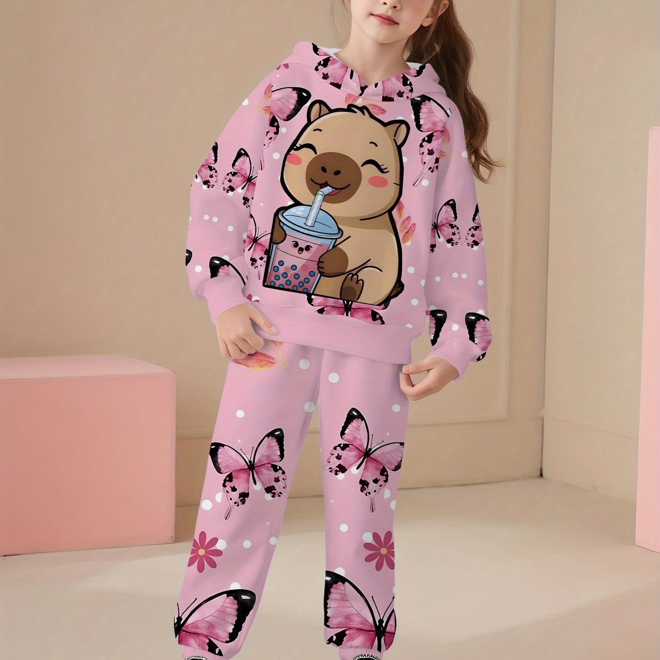 Image of Cute Hit Pink Adorable Capybara 2-piece Set For Girls: 3d Printed Hoodie And Long Pants, Fashionable And Trendy Casual Children's Clothing, 100% Polyester, Suitable For Girls' , For Girls