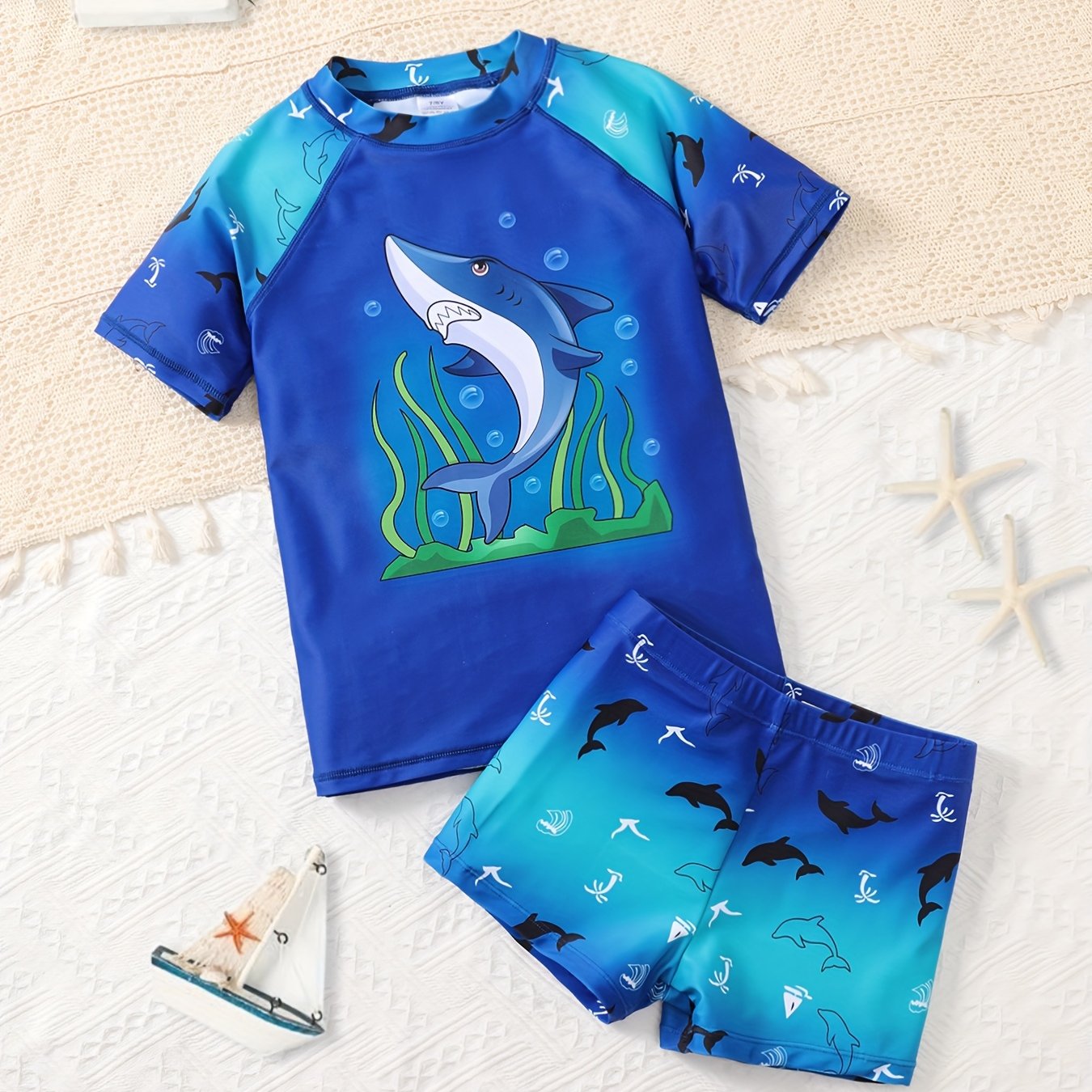 Boys' -dry Comfortable Breathable Stretch Lightweight Durable Cartoon Animal Beach Short-sleeve Two-piece Swimsuit