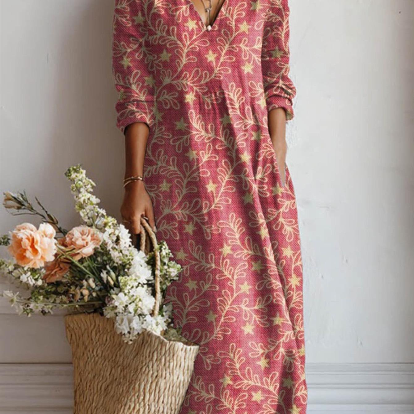 Plus Size - Vintage Red Base Branch Leaf Pentagram Print Plus Size Women's V-neck Three-quarter Sleeve Long Dress