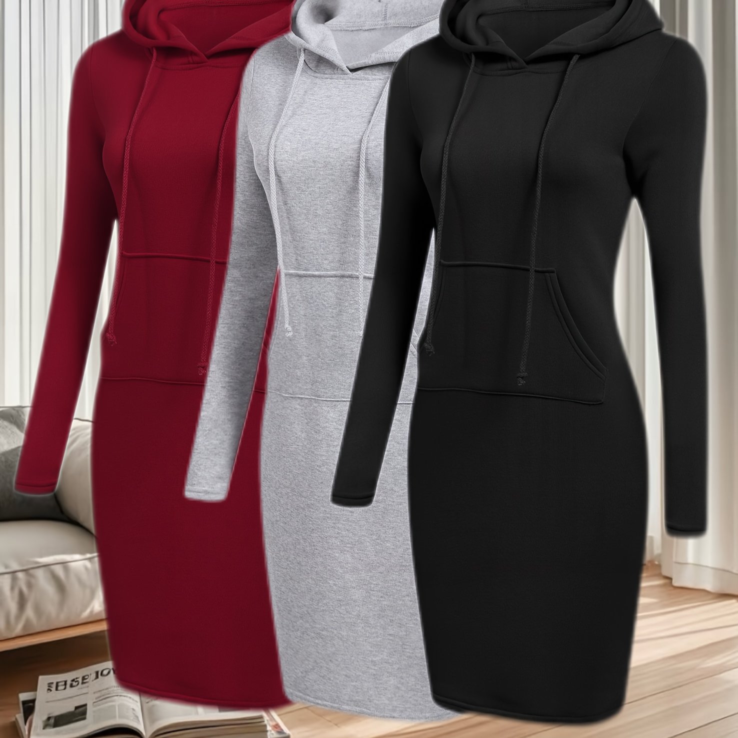 TEMU 3pcs Suit Fall And Winter New Hot Europe And The United States Women' Color Hooded Long-sleeved Dress Casual Wind