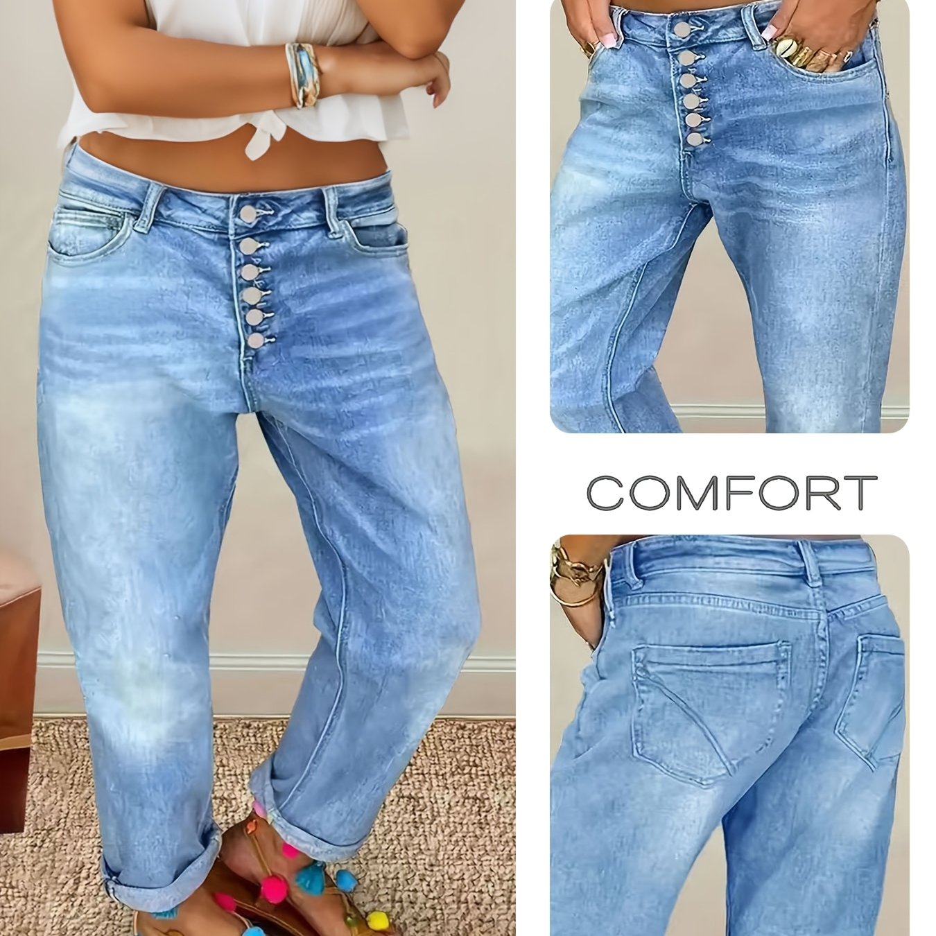 Image of Plus-size Women's 2026 Stretch Snap-button Denim Straight-leg Pants, Wash With Detailed Back , Casual Retro-style Trousers For Travel And