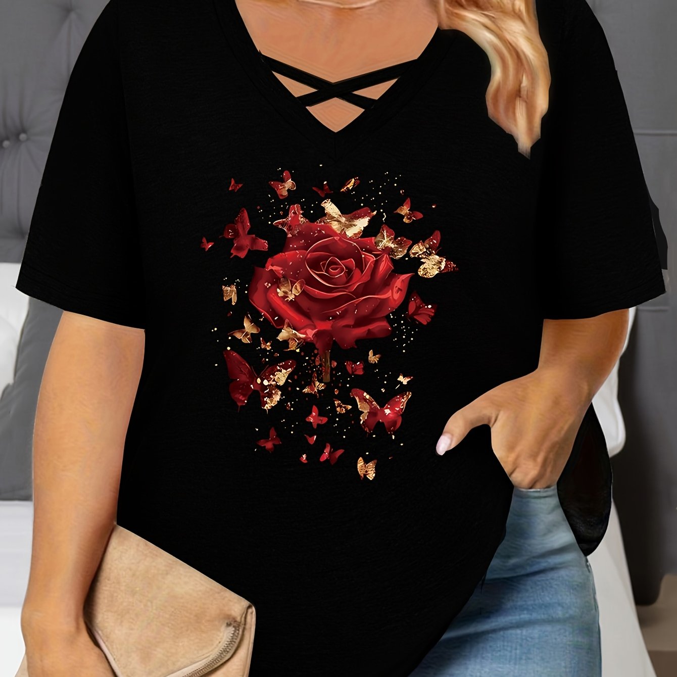 TEMU Plus Size - Plus Size - Red Rose Plus Size V-neck T-shirt Women's Retro Romantic Print Tie Temperament Elegant Top