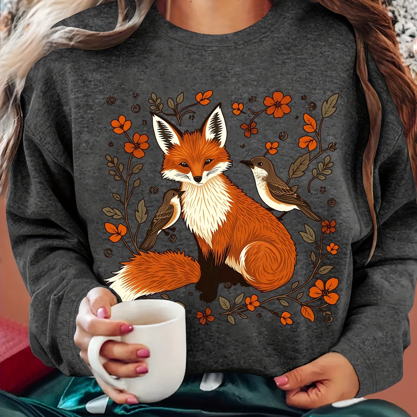 TEMU Women's Winter Clothing Featuring A Fall And Winter Vibe With A Vintage Cartoon Style Of Fox Flowers And 2 Little Birds Printed On A Round-neck