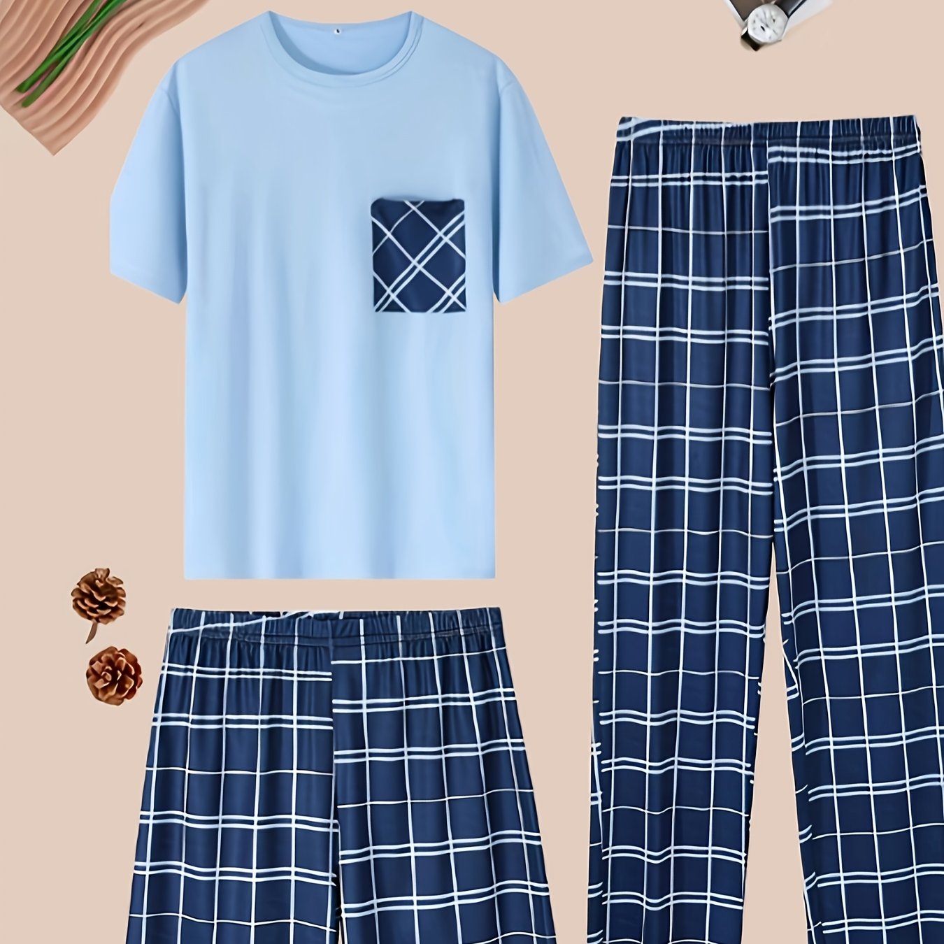 E-shop 3-teiliges kariertes Schlafanzug-Set für Herren für Frühling/Sommer: Oberteil + Shorts + langes Hosenbein. Enthält ein lässiges Oberteil mit