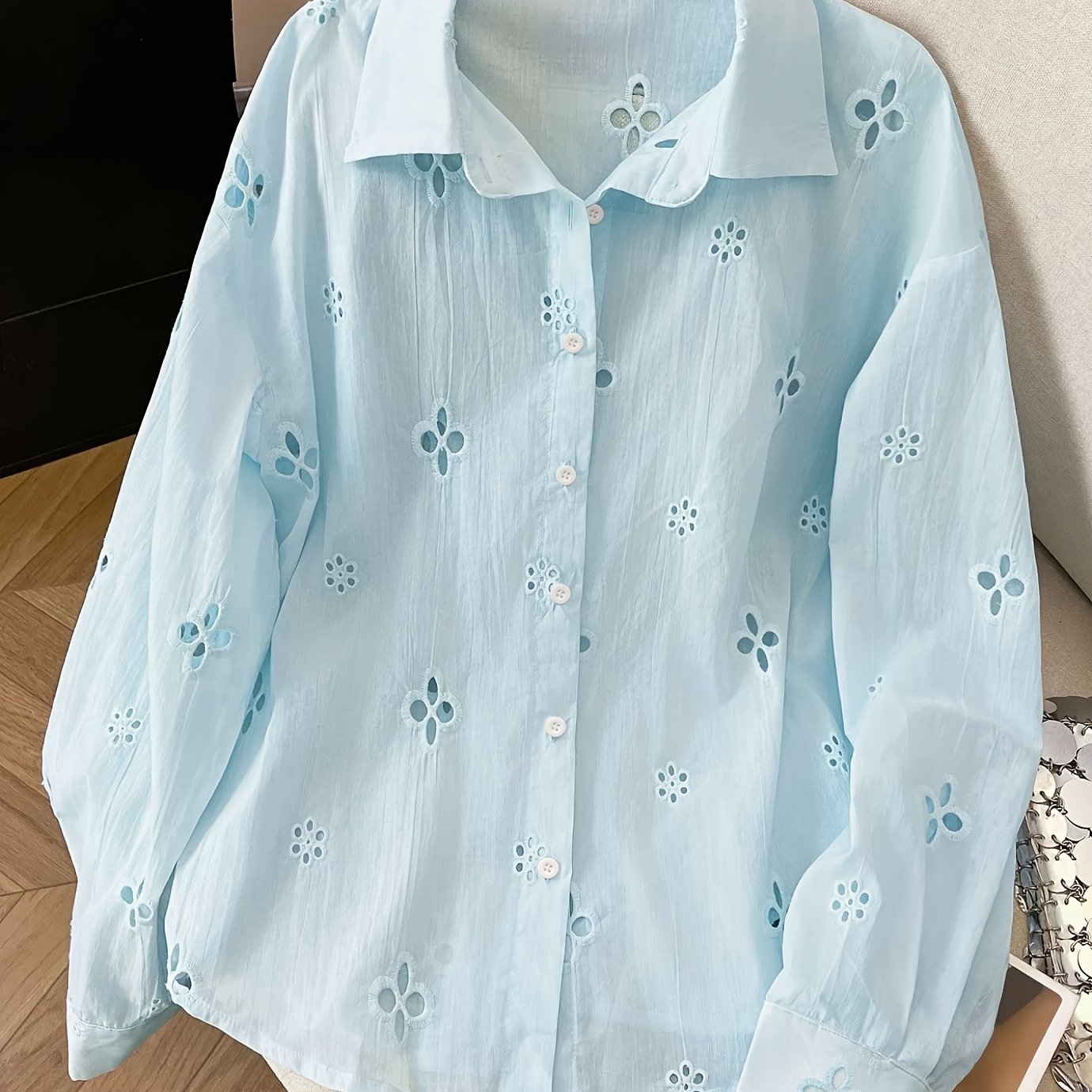 TEMU Women's Casual Solid Embroidered Hollow-out Blouse