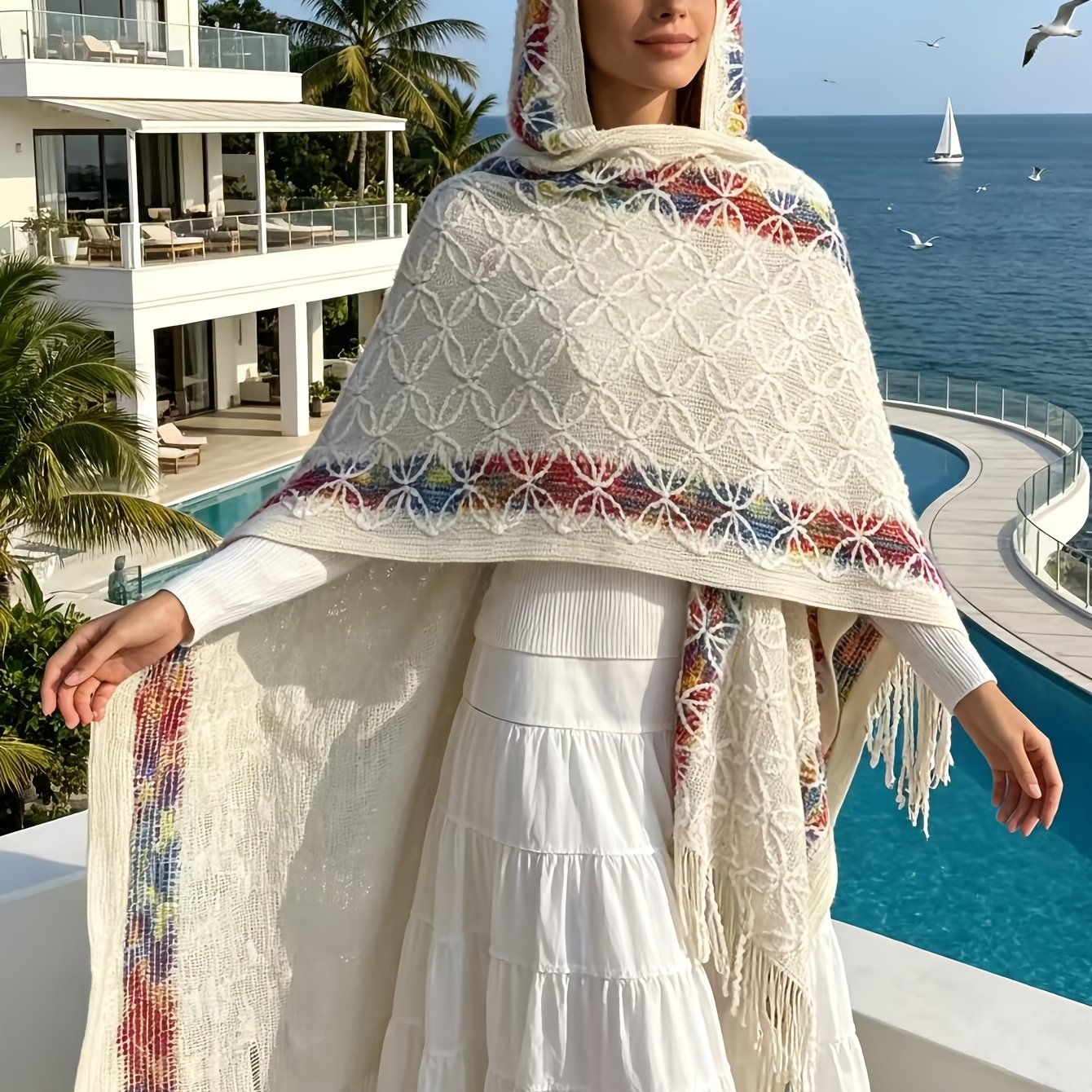 TEMU Grandes Tailles Femme - Écharpe Cape à Capuche et Glandes Style Bohème Ethnique, Cardigan Jacquard Rétro Coloré Grandes Tailles, Manteau Écharpe