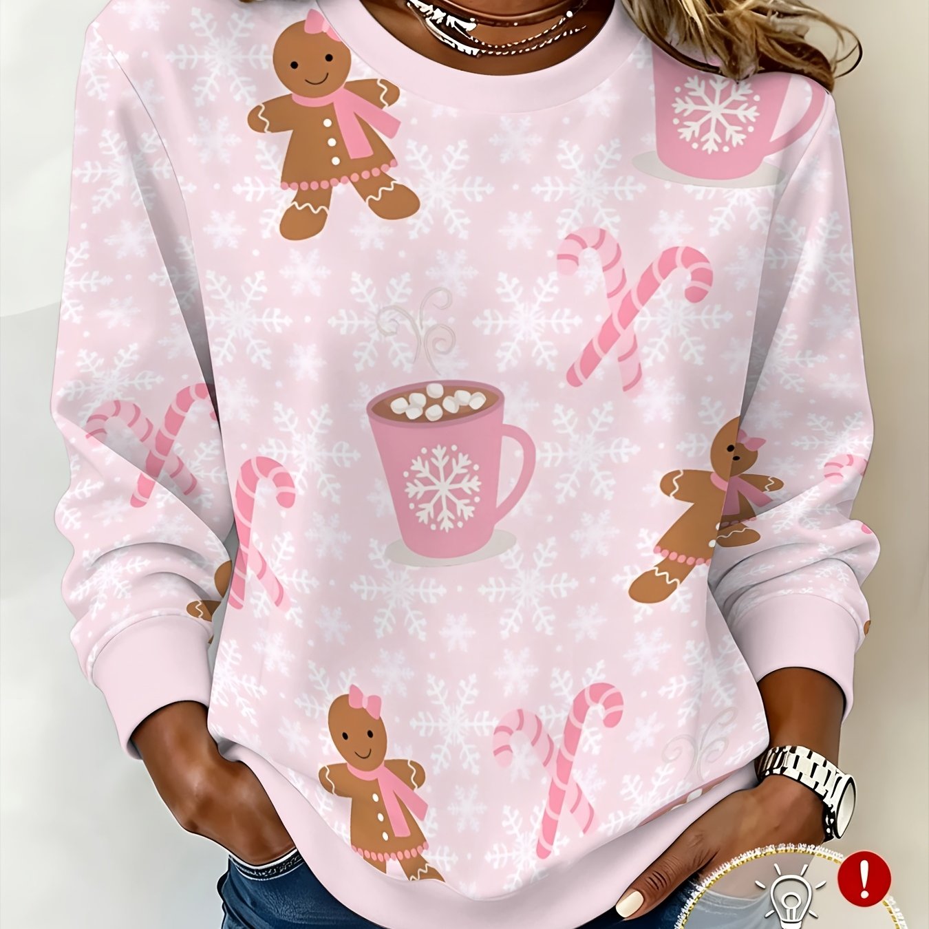 TEMU Autumn/winter Women's Pink Christmas Gingerbread For Man Candy Cane Snowflake Crew Neck Sweatshirt, Ladies' Holiday Loose Fit Casual Long Sleeve