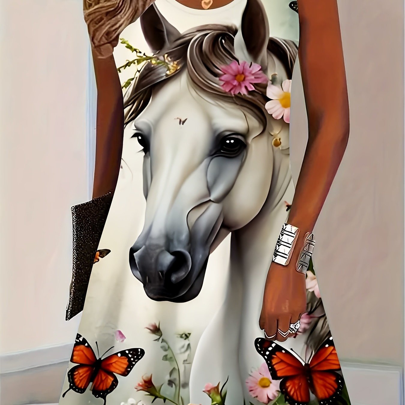 Image of Women' And Floral Print Sleeveless Dress | Nature-themed Casual Everyday Wear, Suitable For Outdoor And , Spring/summer/autumn, Round Neck, Slightly Stretchy Fabric