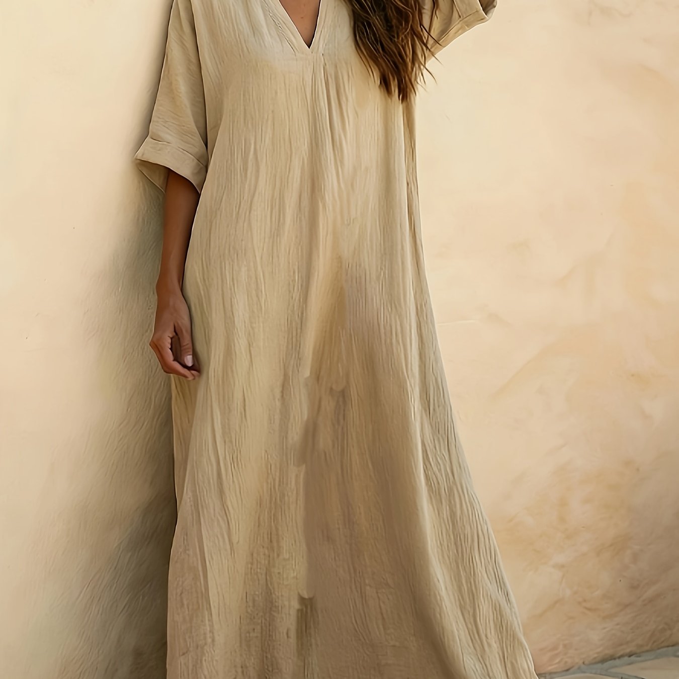 TEMU Women's Elegant Solid Color V-neck Dress, Loose Fit With Mid-length Long Sleeves, Long Dress For Dates And Vacations, Commuting, Casual,