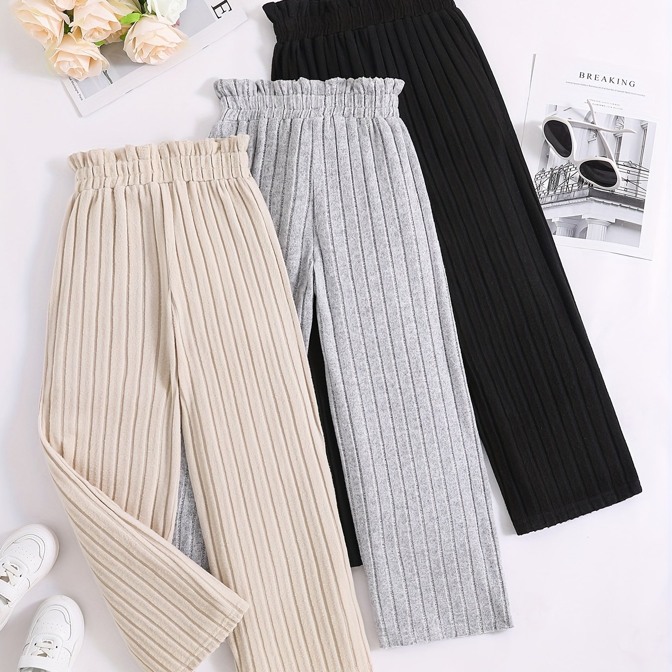 Girls' 3pcs Pants Set, Fleece Pit-stripe Wide-leg Pants, Soft And Comfortable, Suitable As A Gift, Suitable For Outdoor Sports