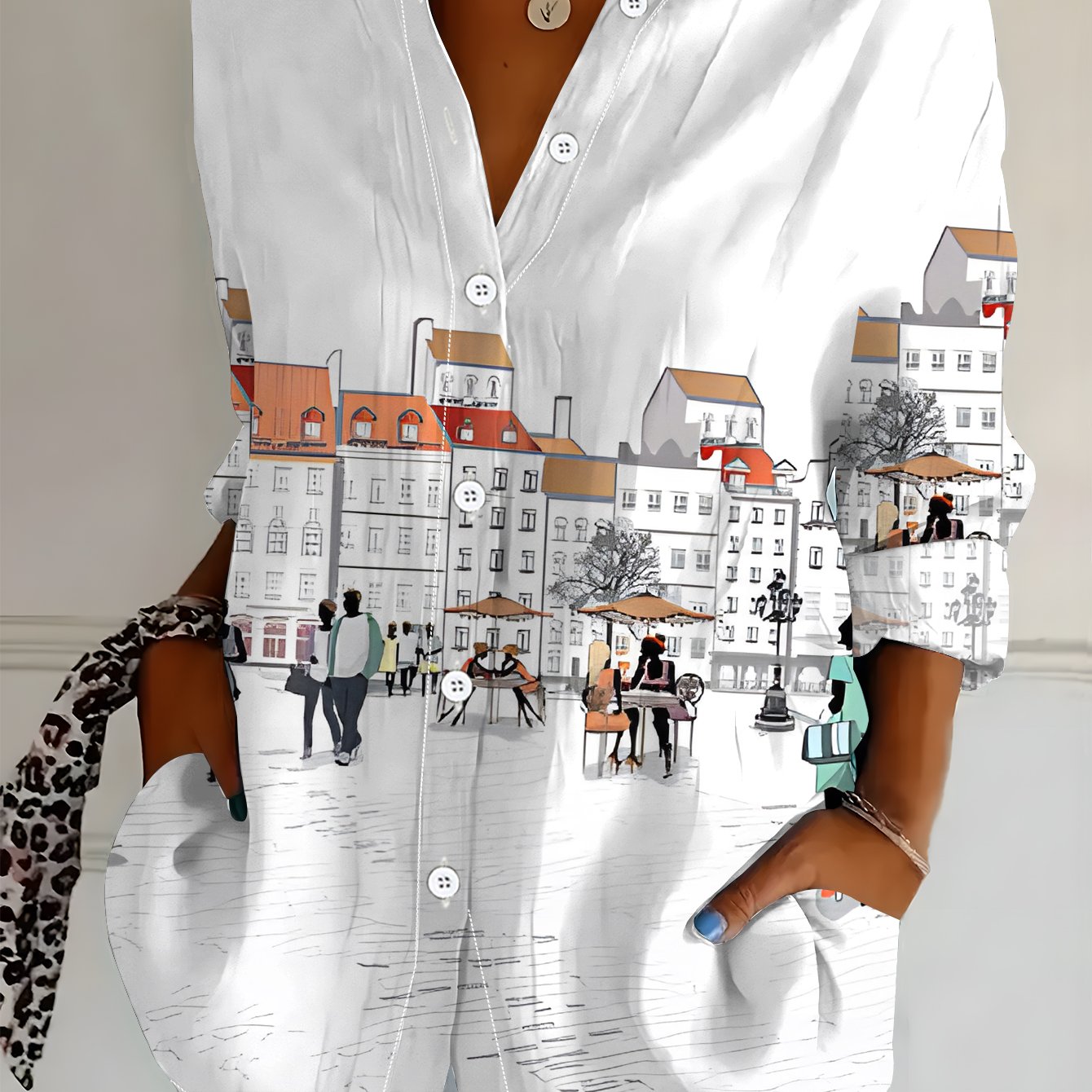 TEMU Women's Long Sleeve Shirt, Street Style, Printed Shirt With Elements, Floral Shirt In Warm White And Orange Tones, Casual Shirt For Women, Soft,