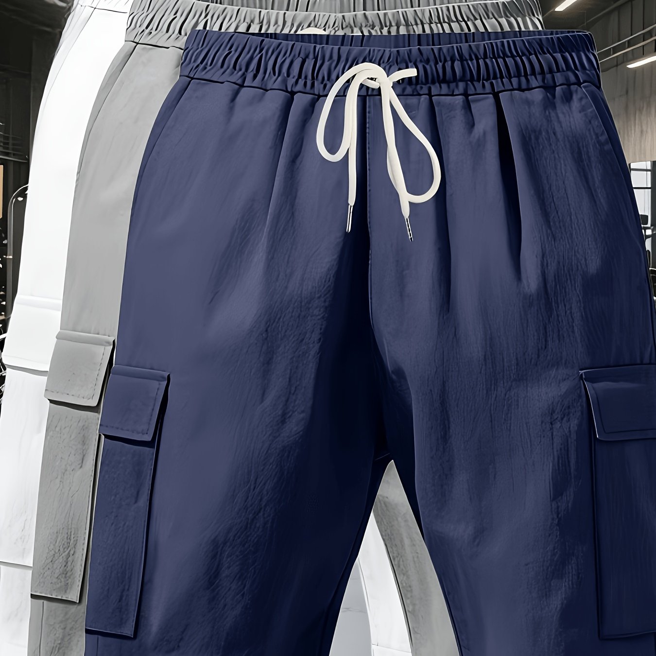 TEMU 3pcs Casual Sporty Loose Solid Color Drawstring Pockets Breathable Moisture-wicking Sweatproof Men's Summer Beach Lightweight Fashion -linen