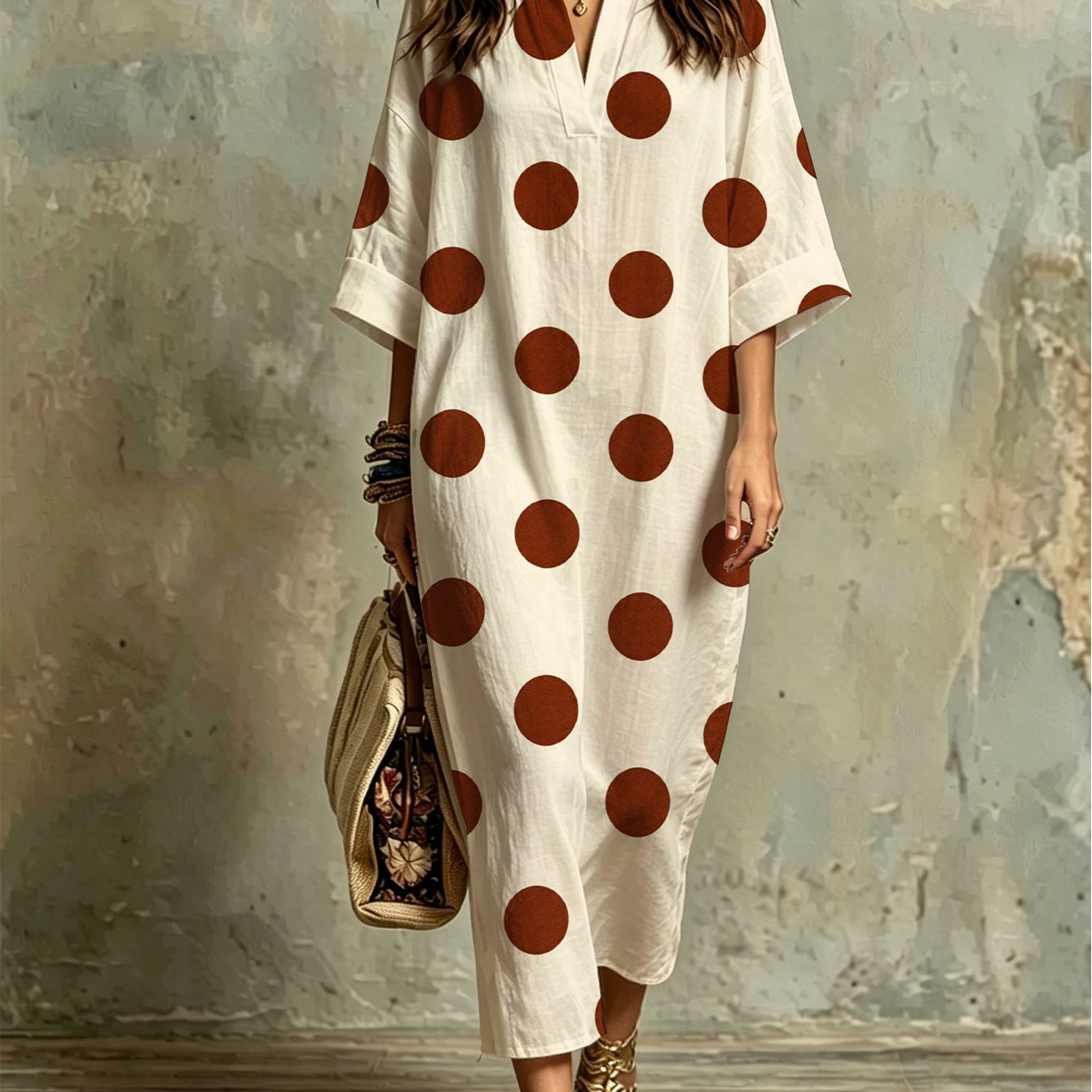 Image of Plus Size, Fashion Casual Kaftan Dress With Brown Polka Dot Print On Cream Background, Lightweight, Loose Fit, Breathable, Versatile For Beach Vacations, Summer Parties, Casual