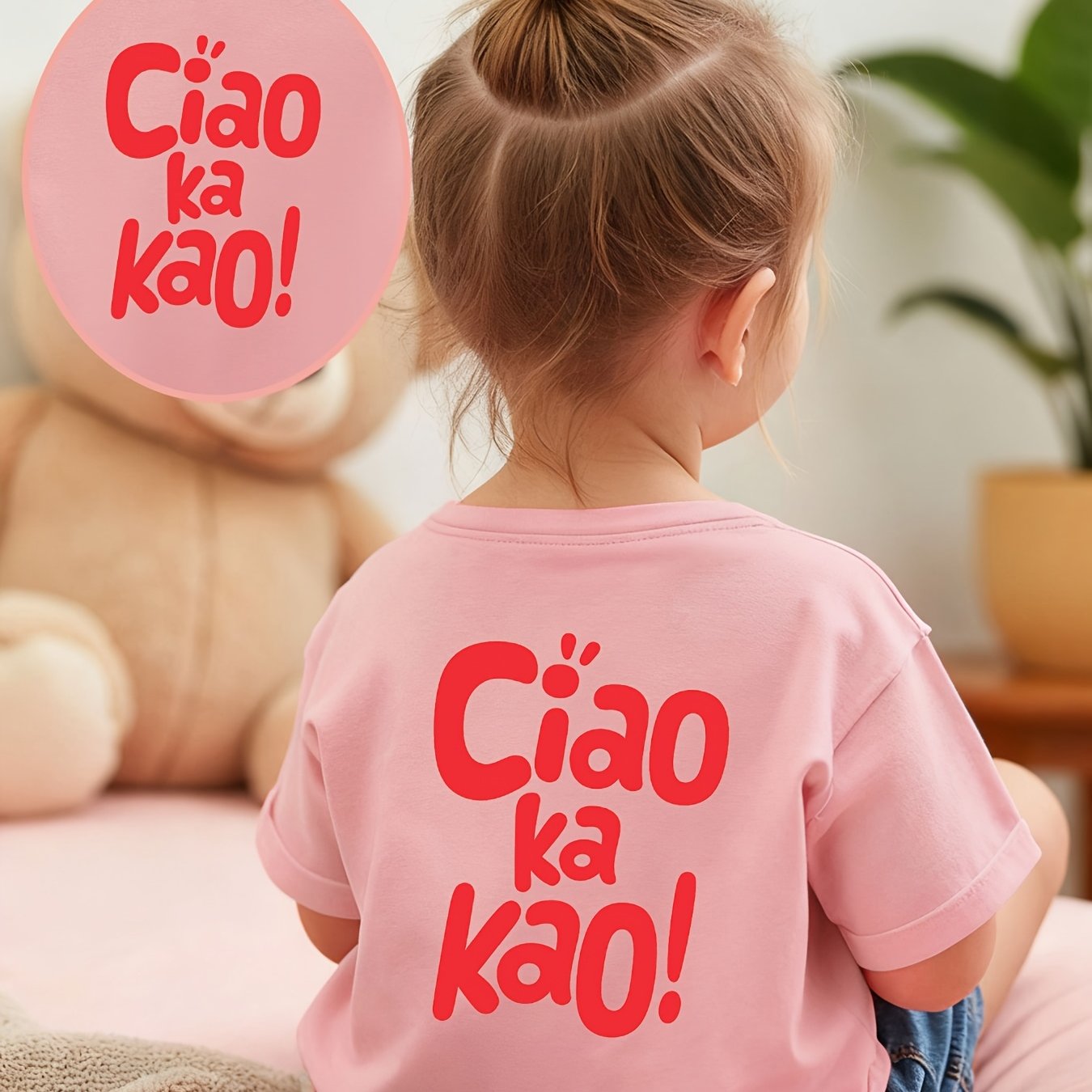Image of Front And Back Printed Girls' Casual T-shirt, Kao Letter Fashionable And Comfortable Spring/summer Daily Casual Round-neck Versatile Top, Girls' Top For Summer Outdoor Wear