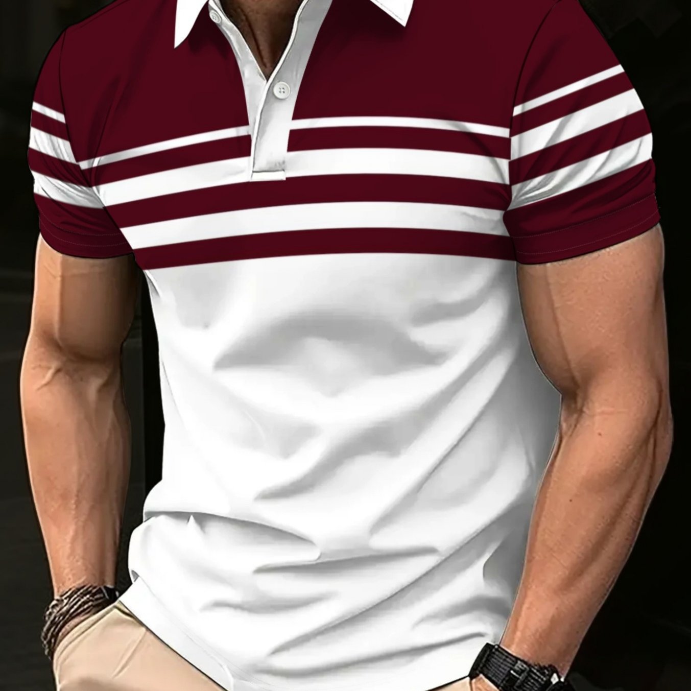 TEMU Men's Summer Breathable Shirt With Burgundy And White Contrast , Versatile For Business And Casual Wear, Short Sleeve