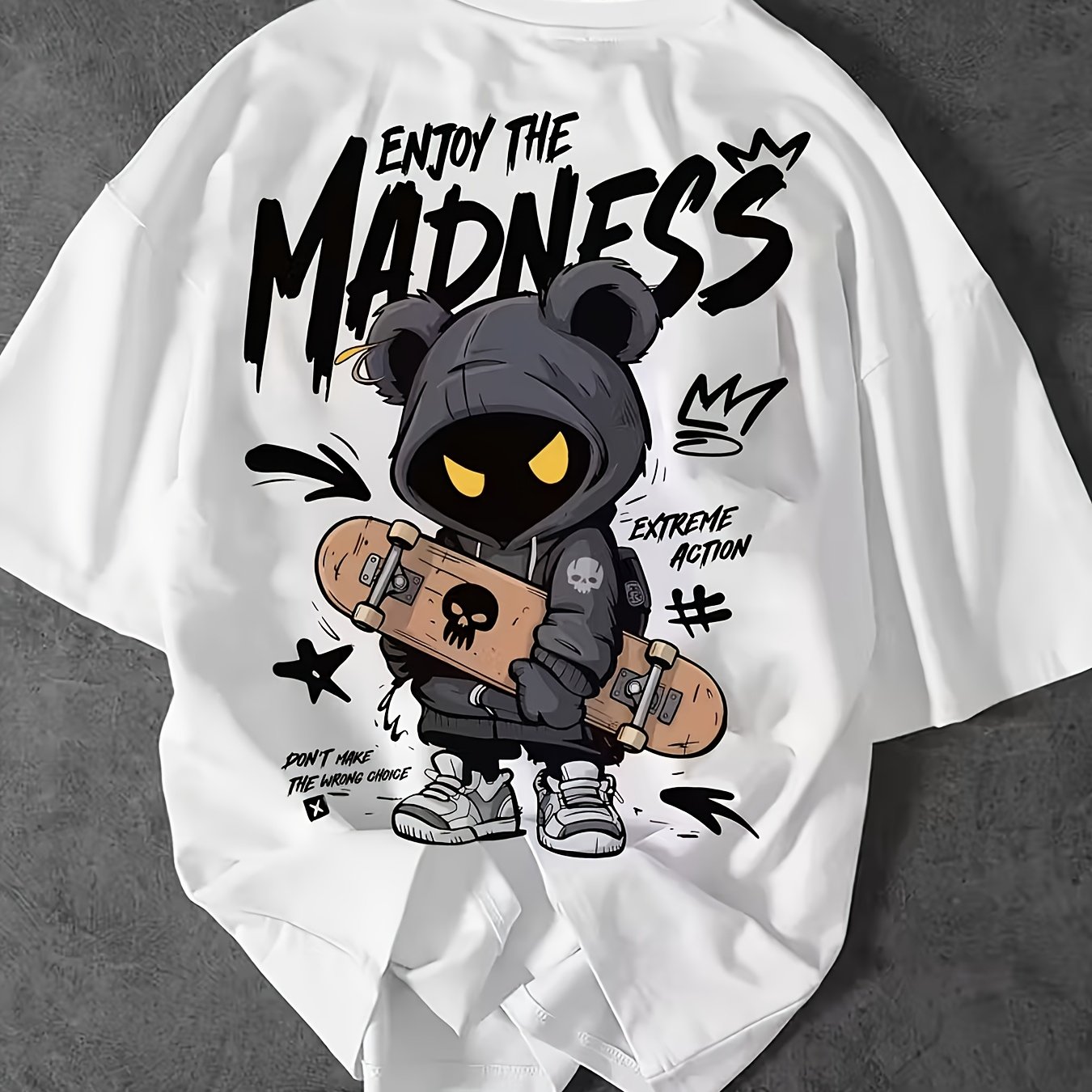 Boys' Vintage Loose Street Style T-shirt - White Vintage Skateboard And Hip-hop Print Top With Cartoon Bear And Lettering, Summer Casual Round Neck Short Sleeve Shirt For Urban Fashion